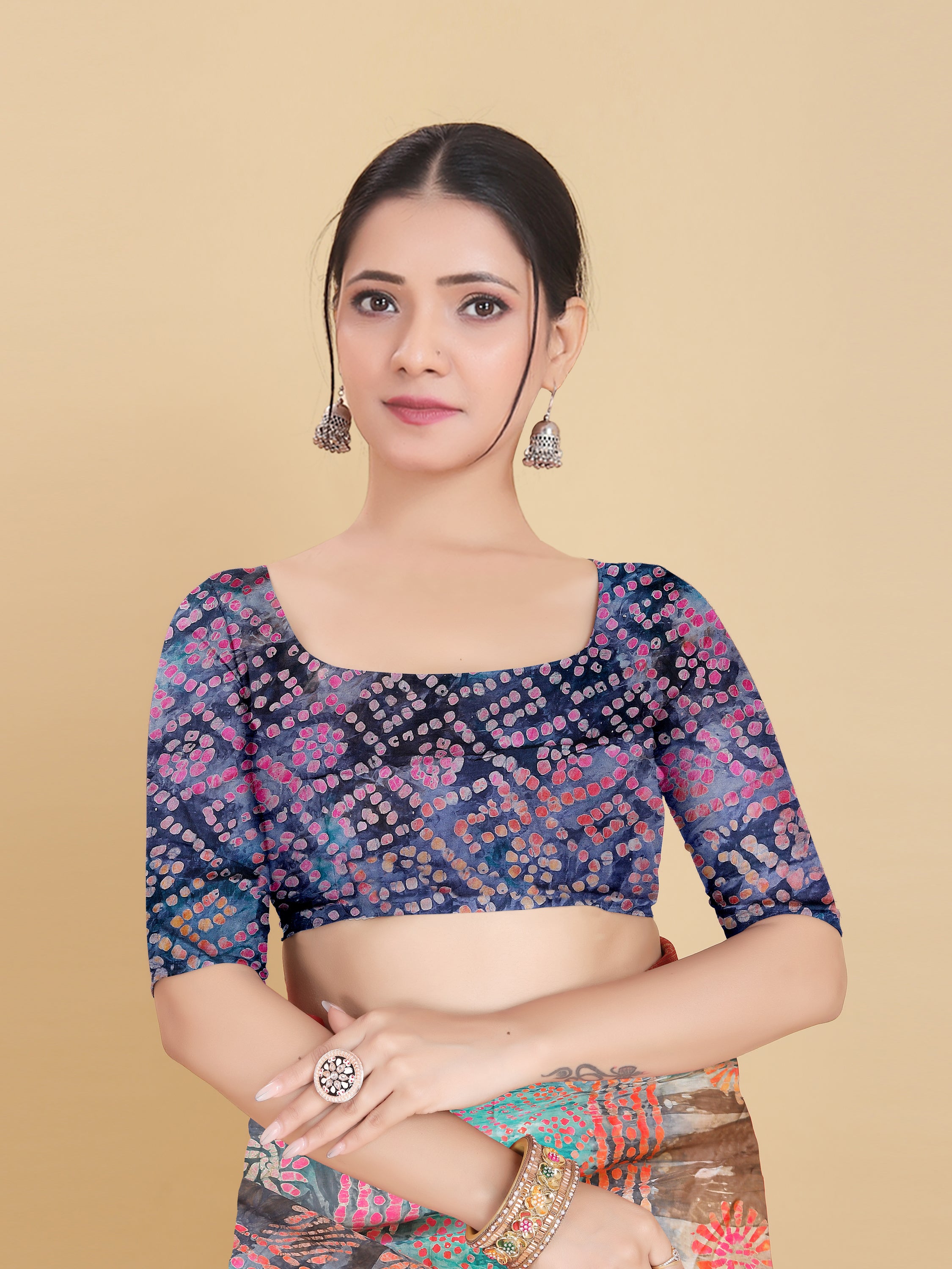 BLUE BEMBERG SATIN BATIK PRINTED SAREE WITH BLOUSE