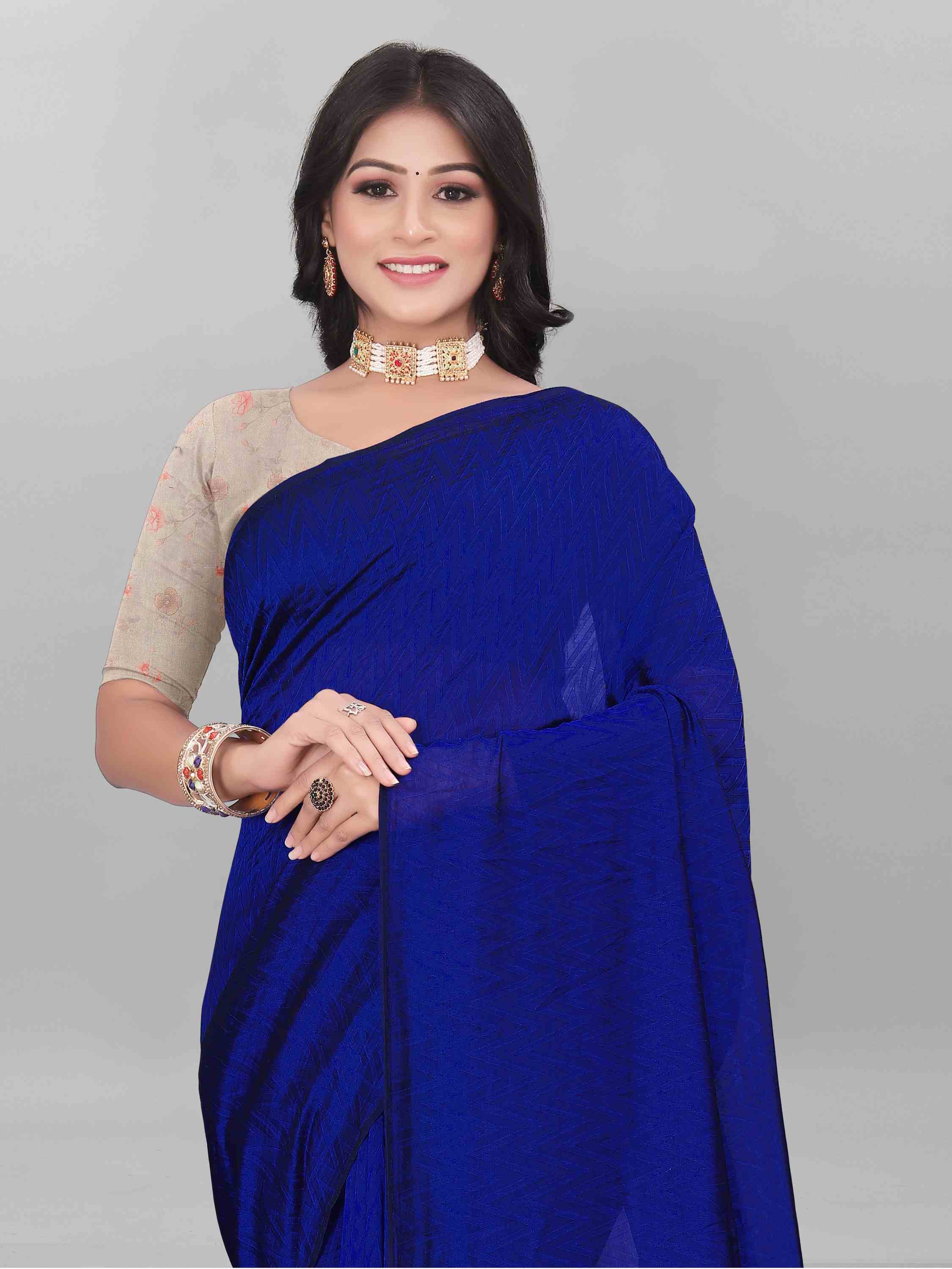 NAVY BLUE SELF TEXTURED SAREE WITH BLOUSE