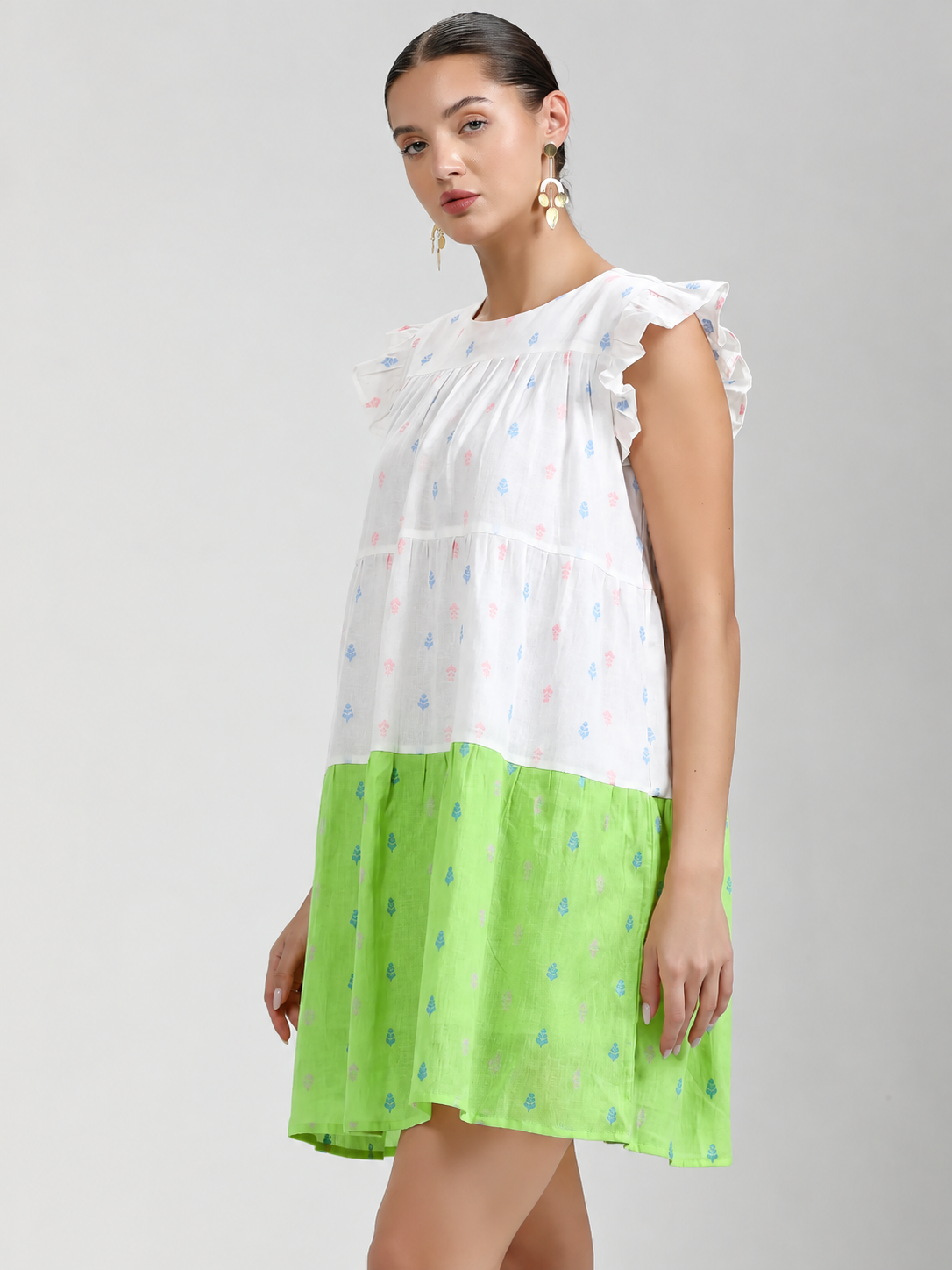 GREEN WHITE COTTON CANDY LEAF ONE PCS DRESS