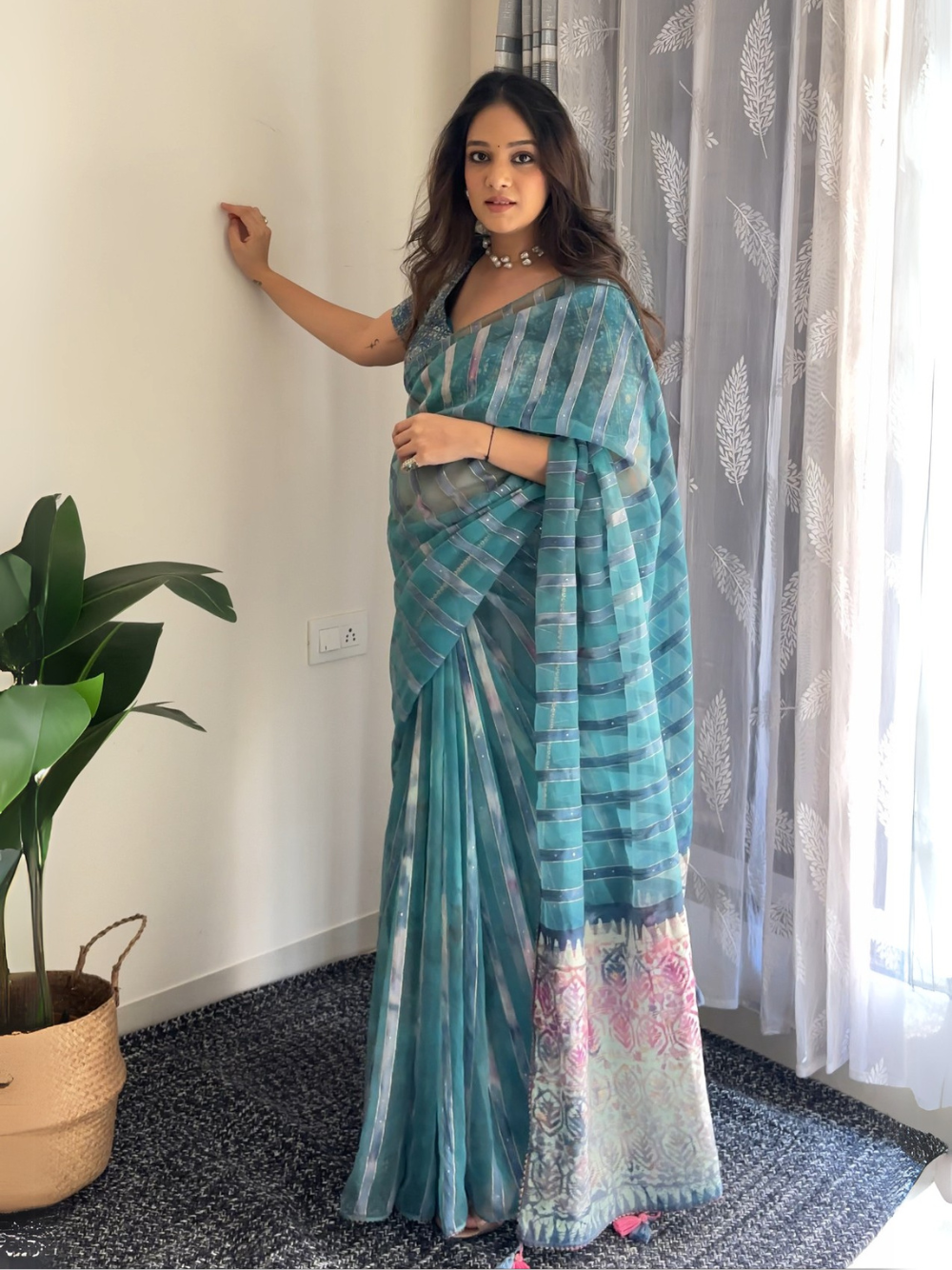 HAND DYED BATIK PRINTED SAREE ADORNED WITH GOTA LACE