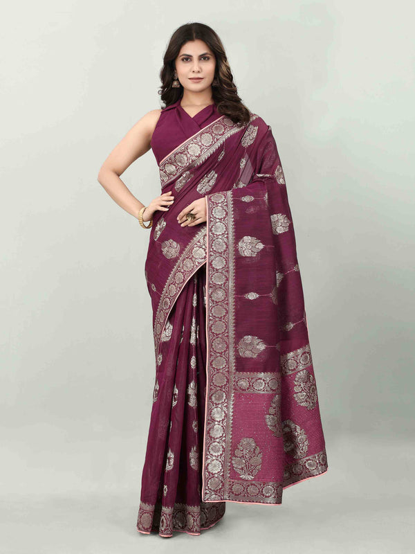 FEEZY LINEN WINE BLACKBERRY SAREE WITH BLOUSE