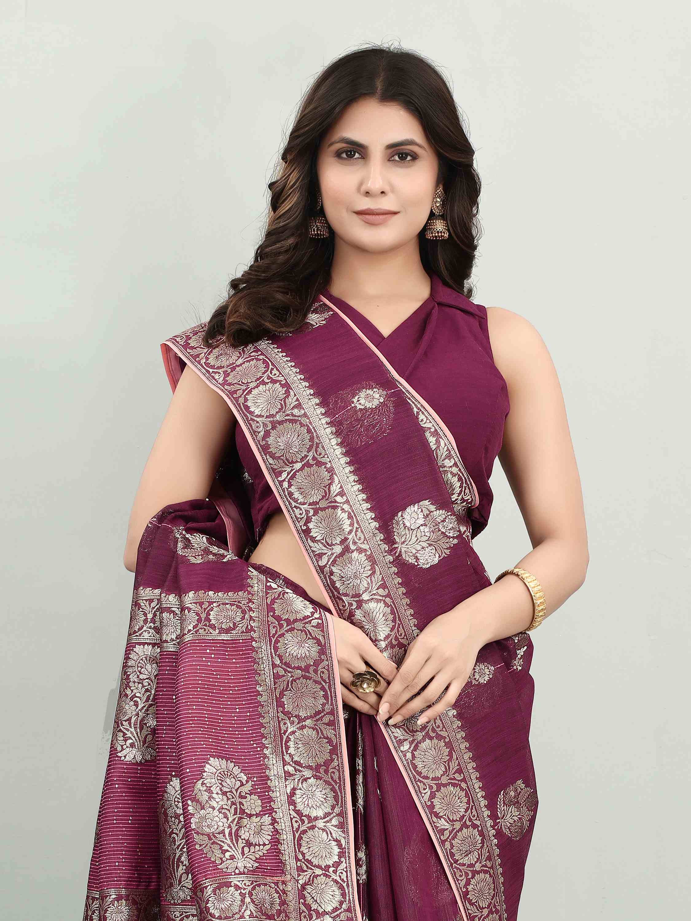 FEEZY LINEN WINE BLACKBERRY SAREE WITH BLOUSE