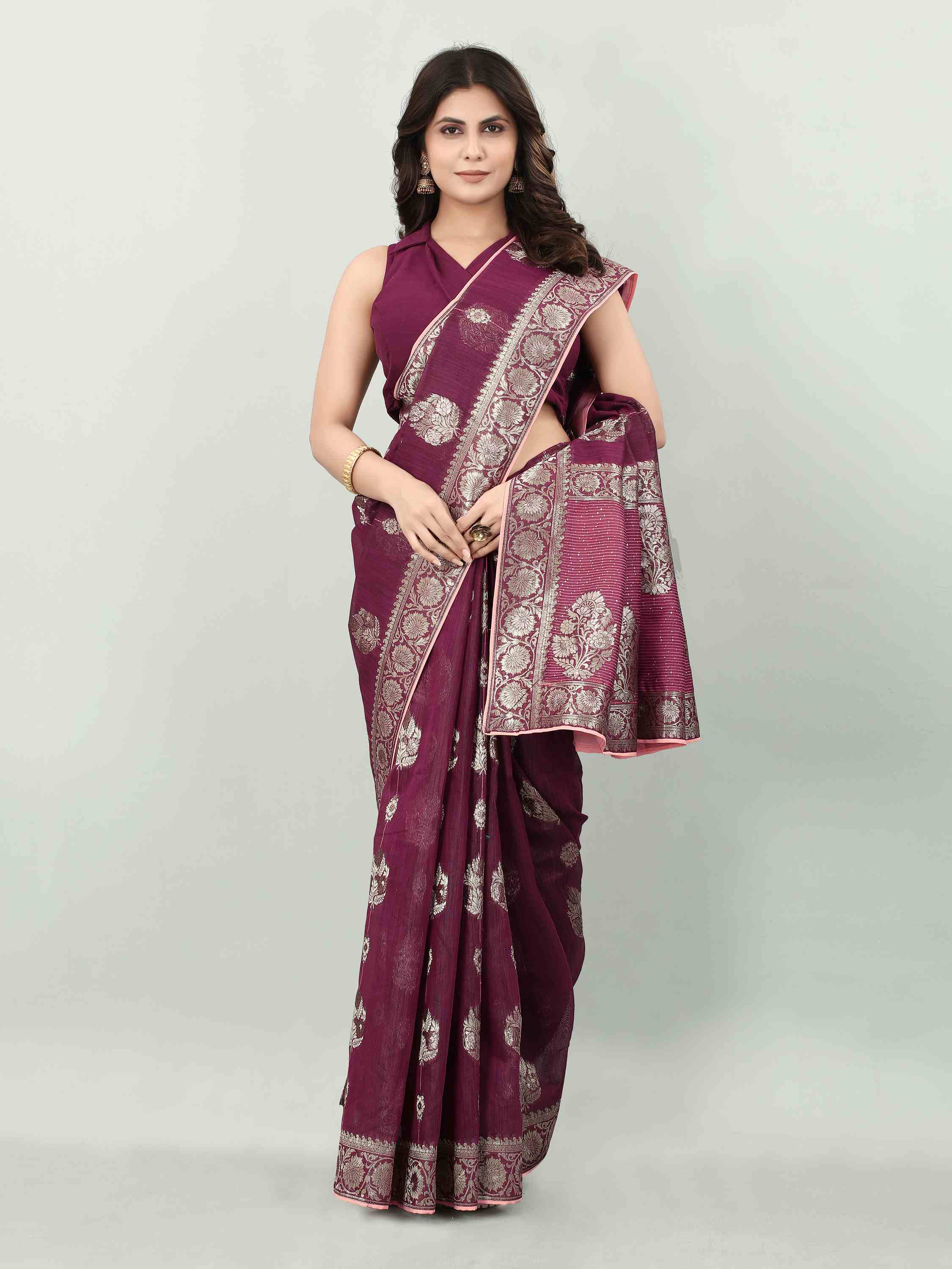 FEEZY LINEN WINE BLACKBERRY SAREE WITH BLOUSE