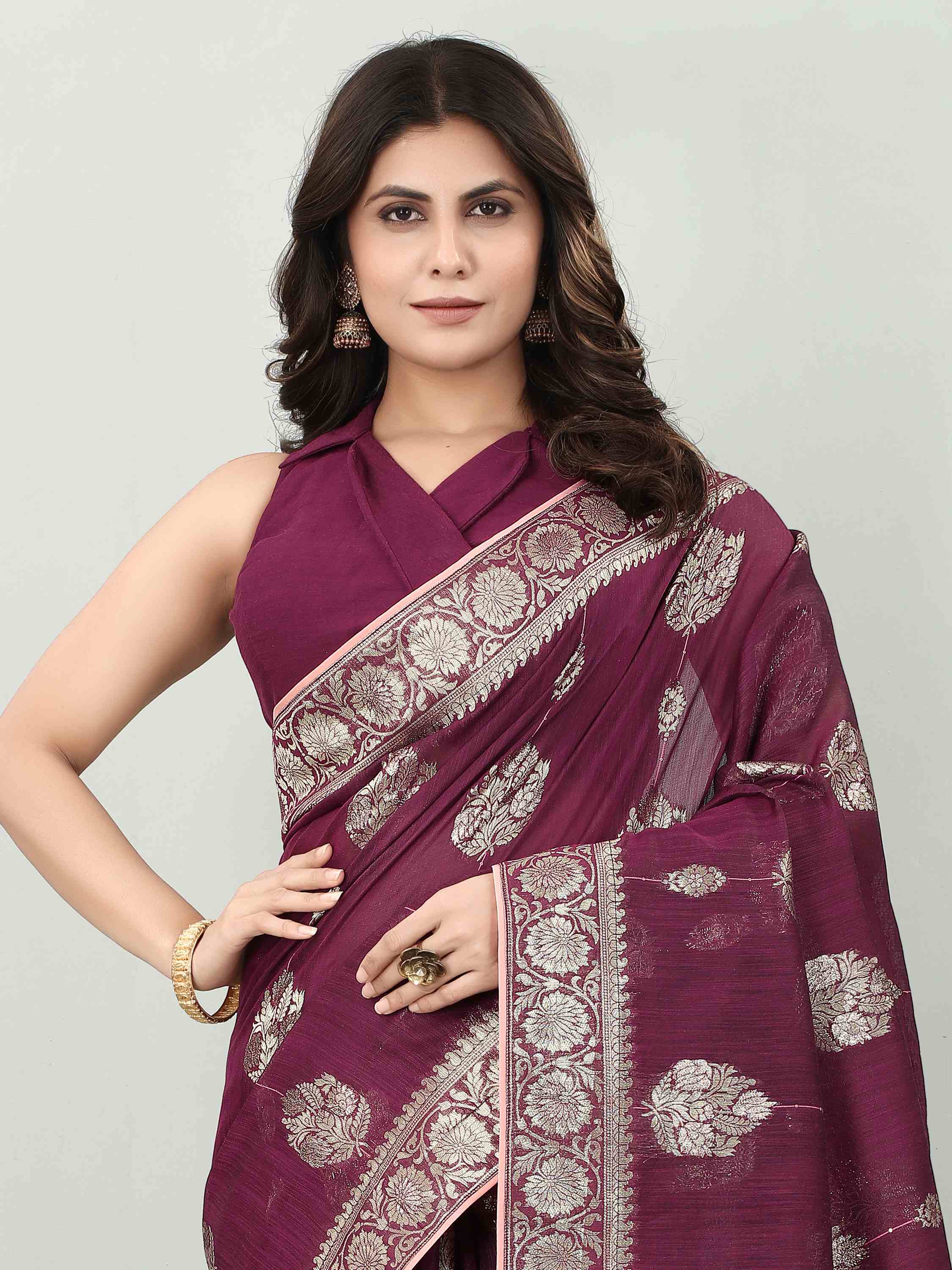 FEEZY LINEN WINE BLACKBERRY SAREE WITH BLOUSE