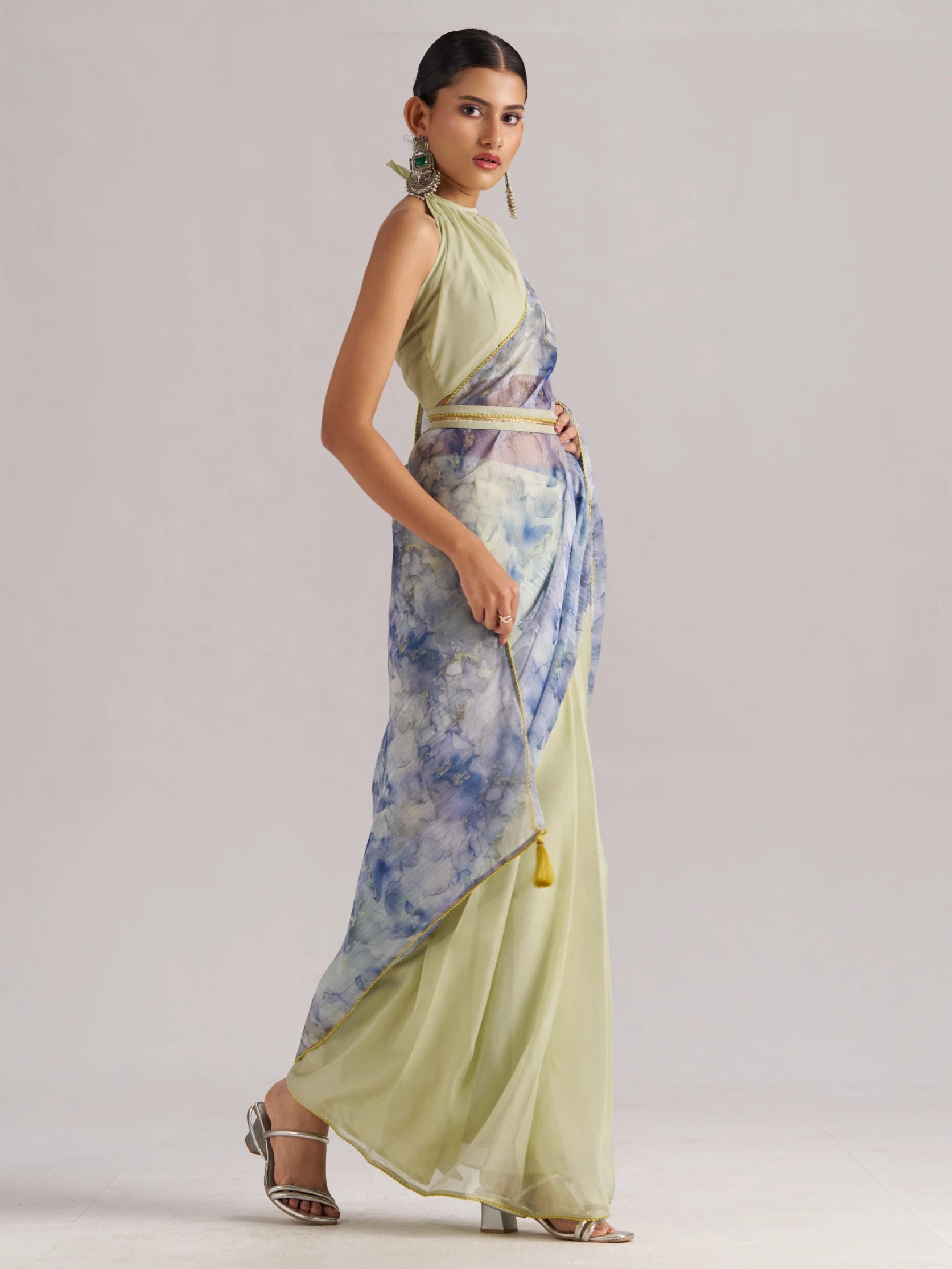 AQUA CRYSTAL READY TO WEAR SAREE WITH BLOUSE