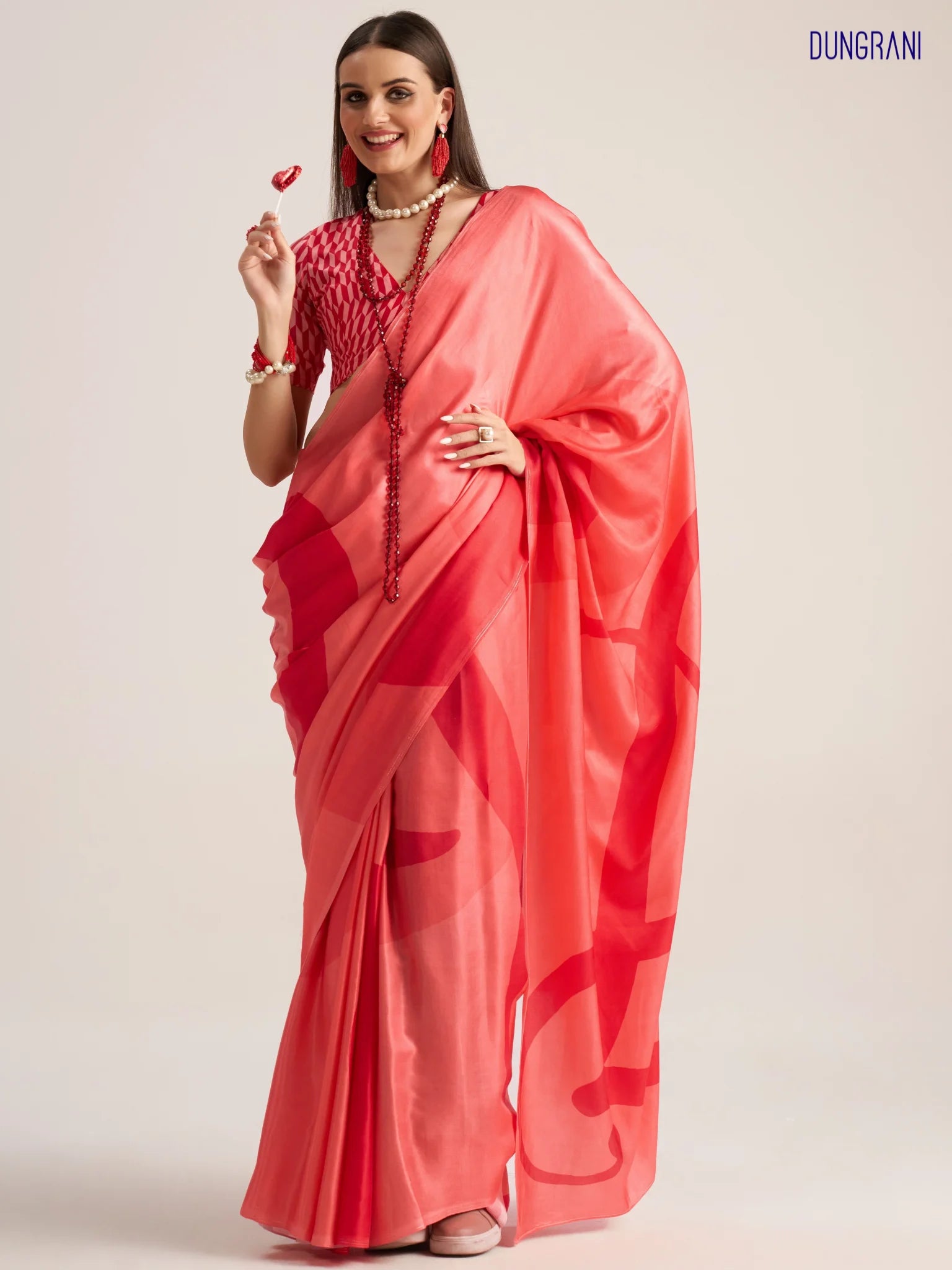 BEMBERG MODAL SATIN DIGITAL PRINTED RED SAREE WITH BLOUSE