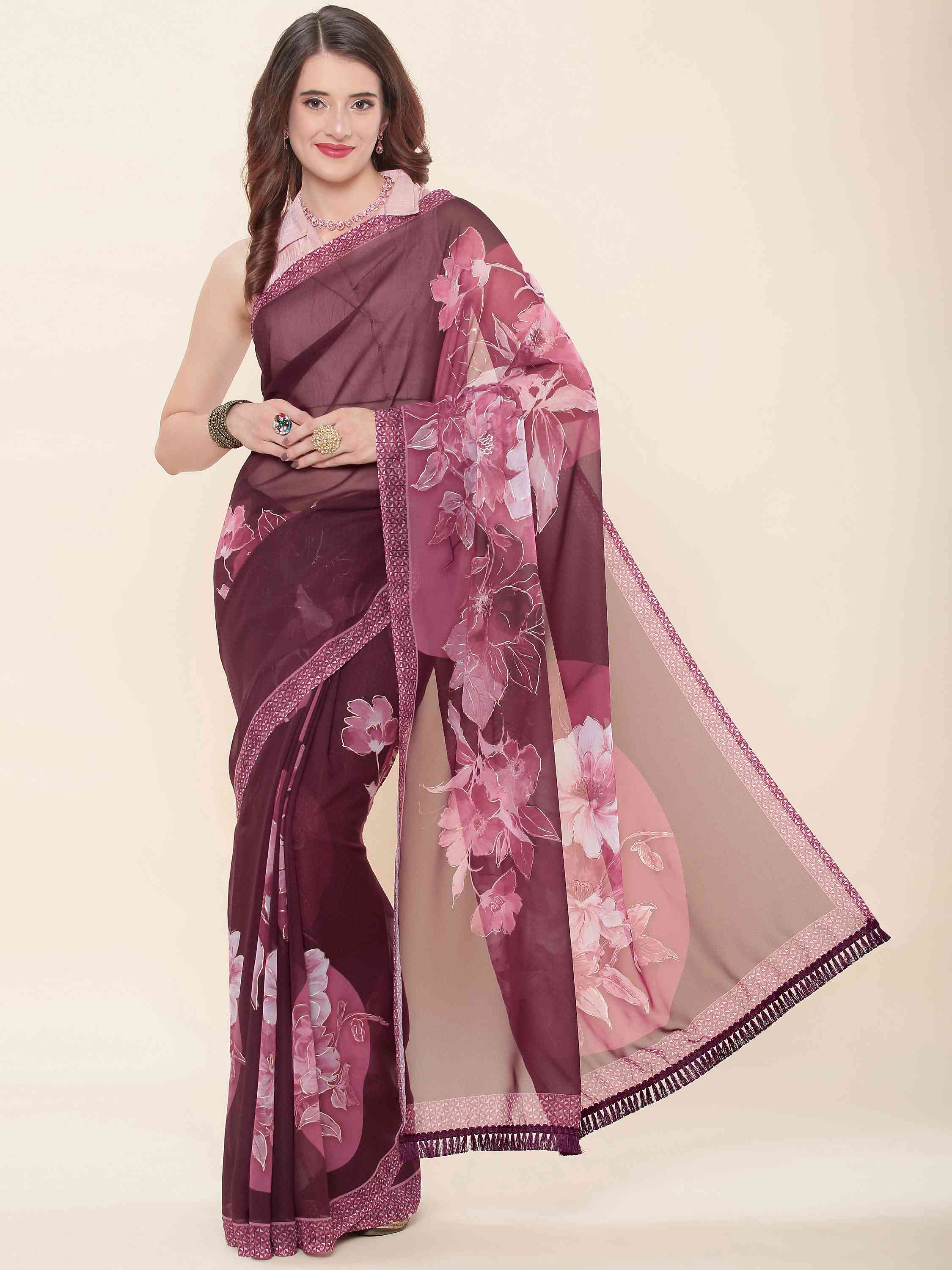 DUNGRANI ROSE WINE FAUX GEORGETTE PRINTED SAREE