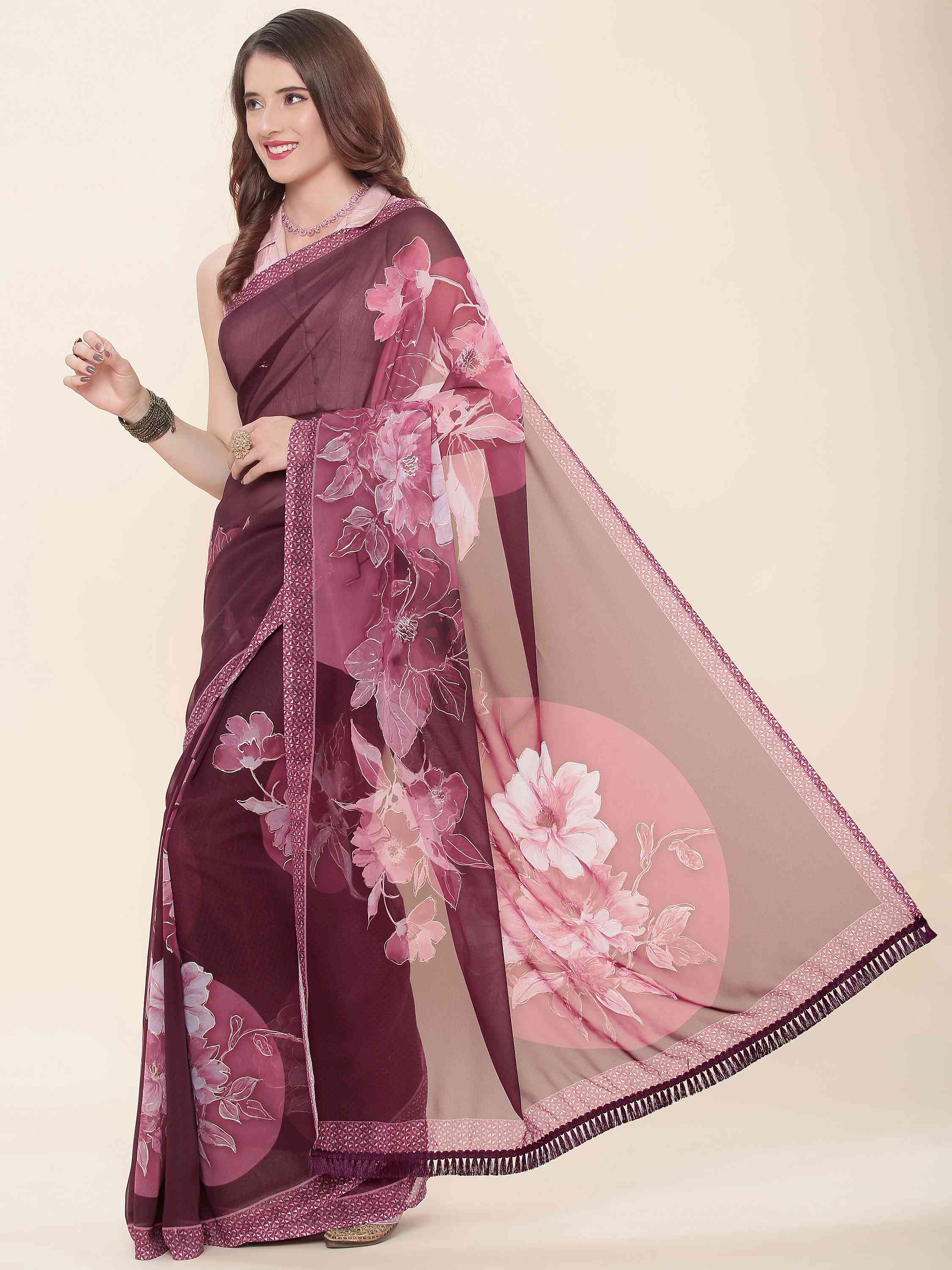 DUNGRANI ROSE WINE FAUX GEORGETTE PRINTED SAREE