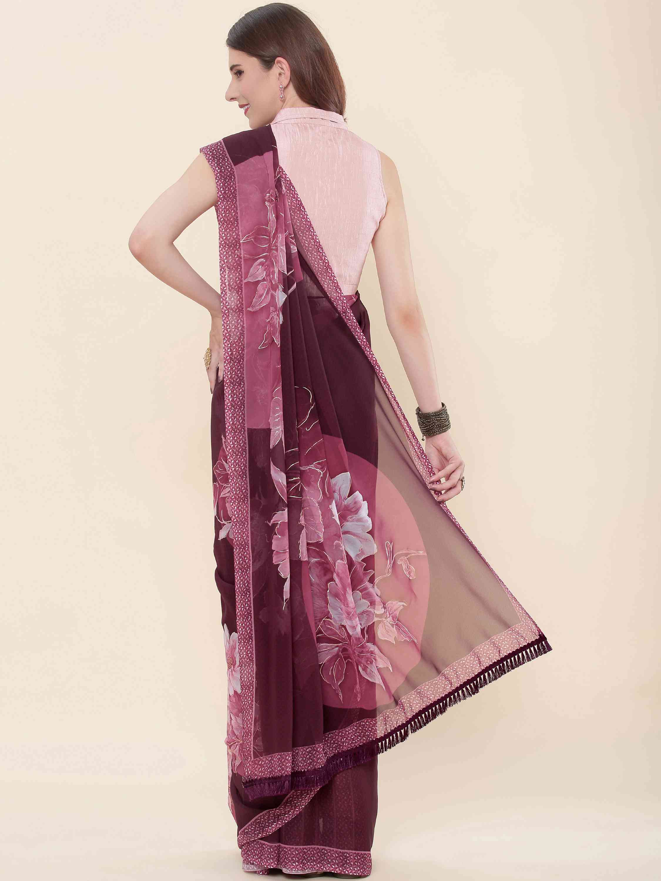 DUNGRANI ROSE WINE FAUX GEORGETTE PRINTED SAREE