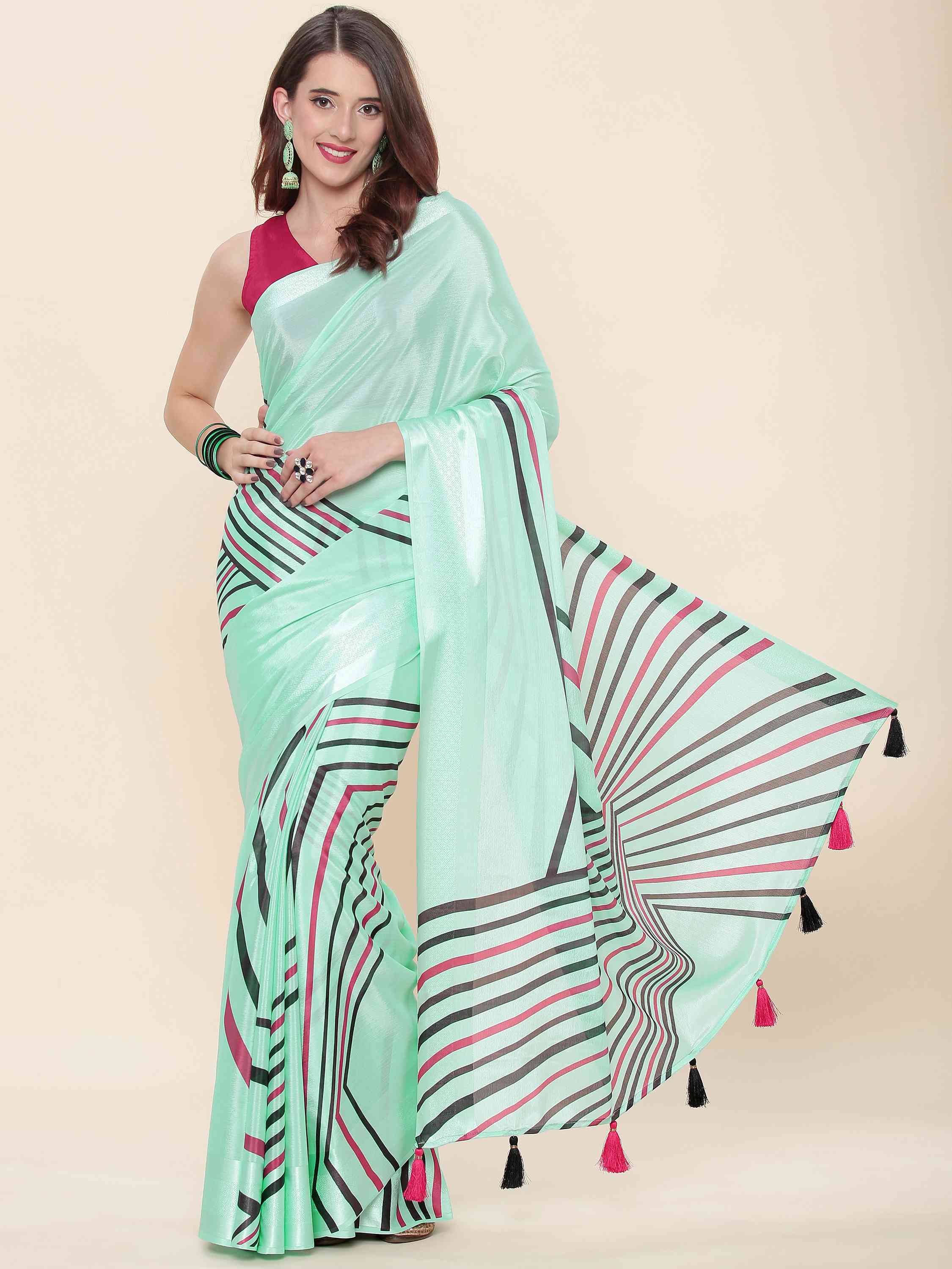 TURQUOISE BLOSSOM CHINON SILK PRINTED SAREE