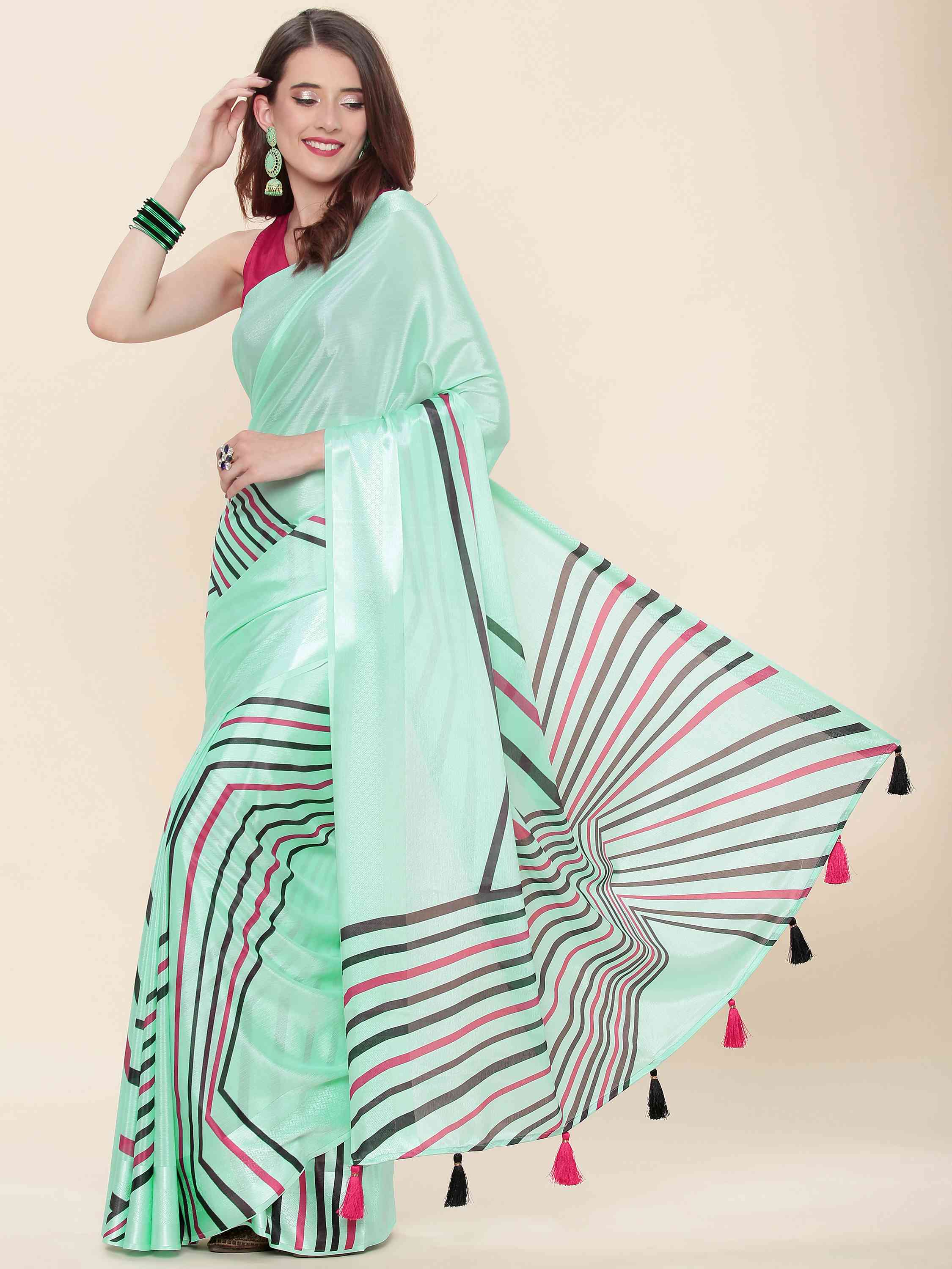 TURQUOISE BLOSSOM CHINON SILK PRINTED SAREE