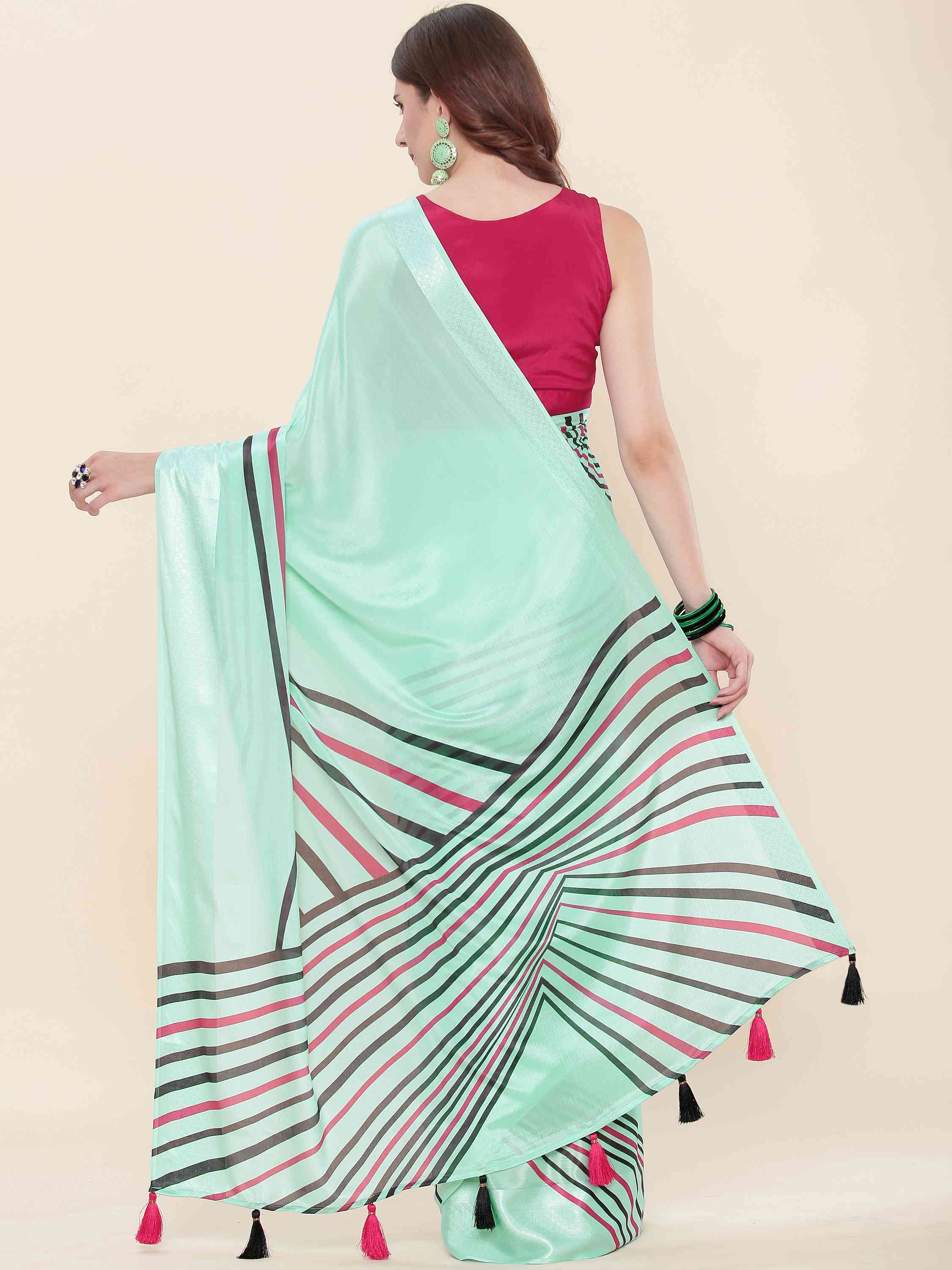 TURQUOISE BLOSSOM CHINON SILK PRINTED SAREE