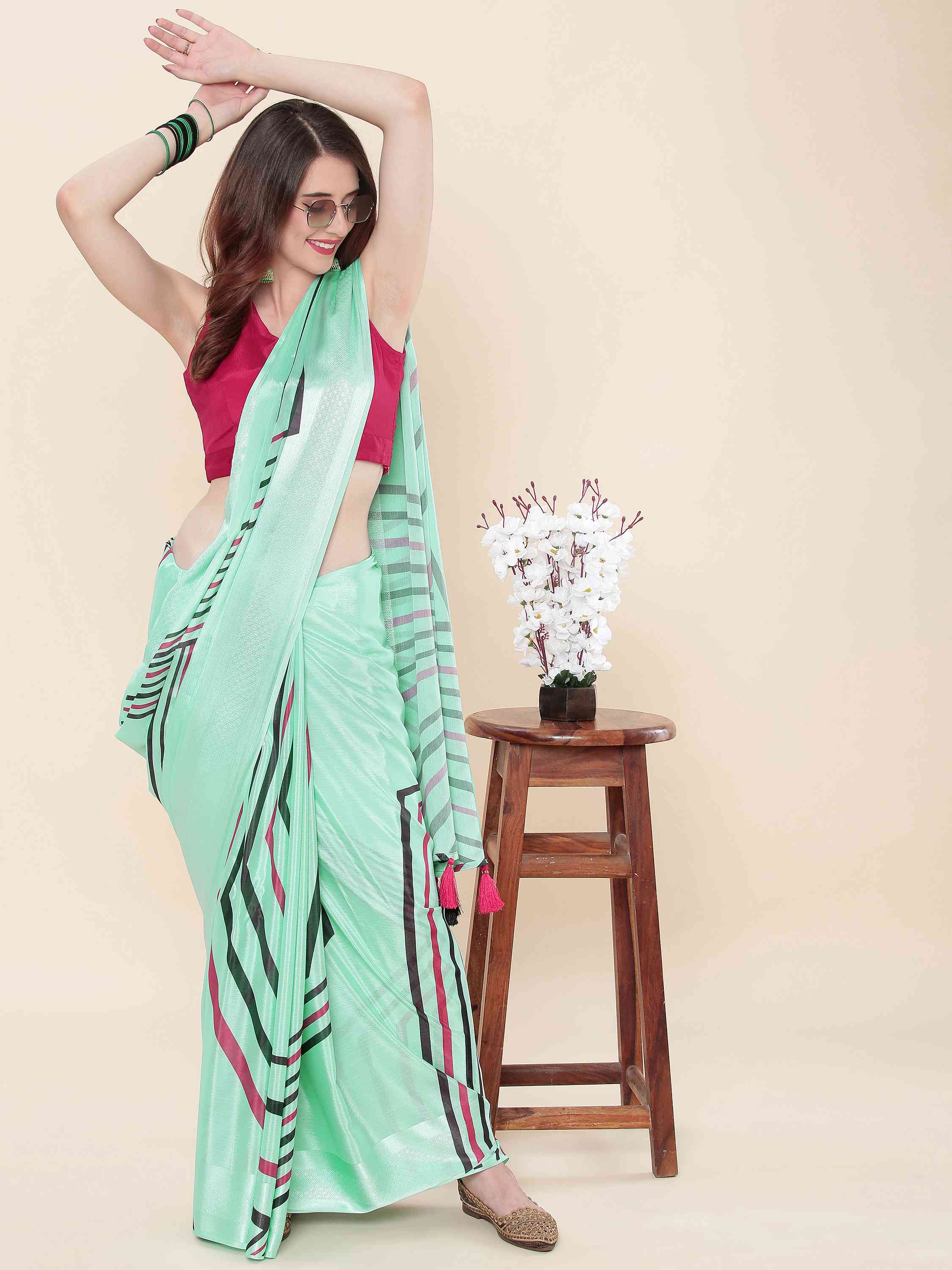 TURQUOISE BLOSSOM CHINON SILK PRINTED SAREE