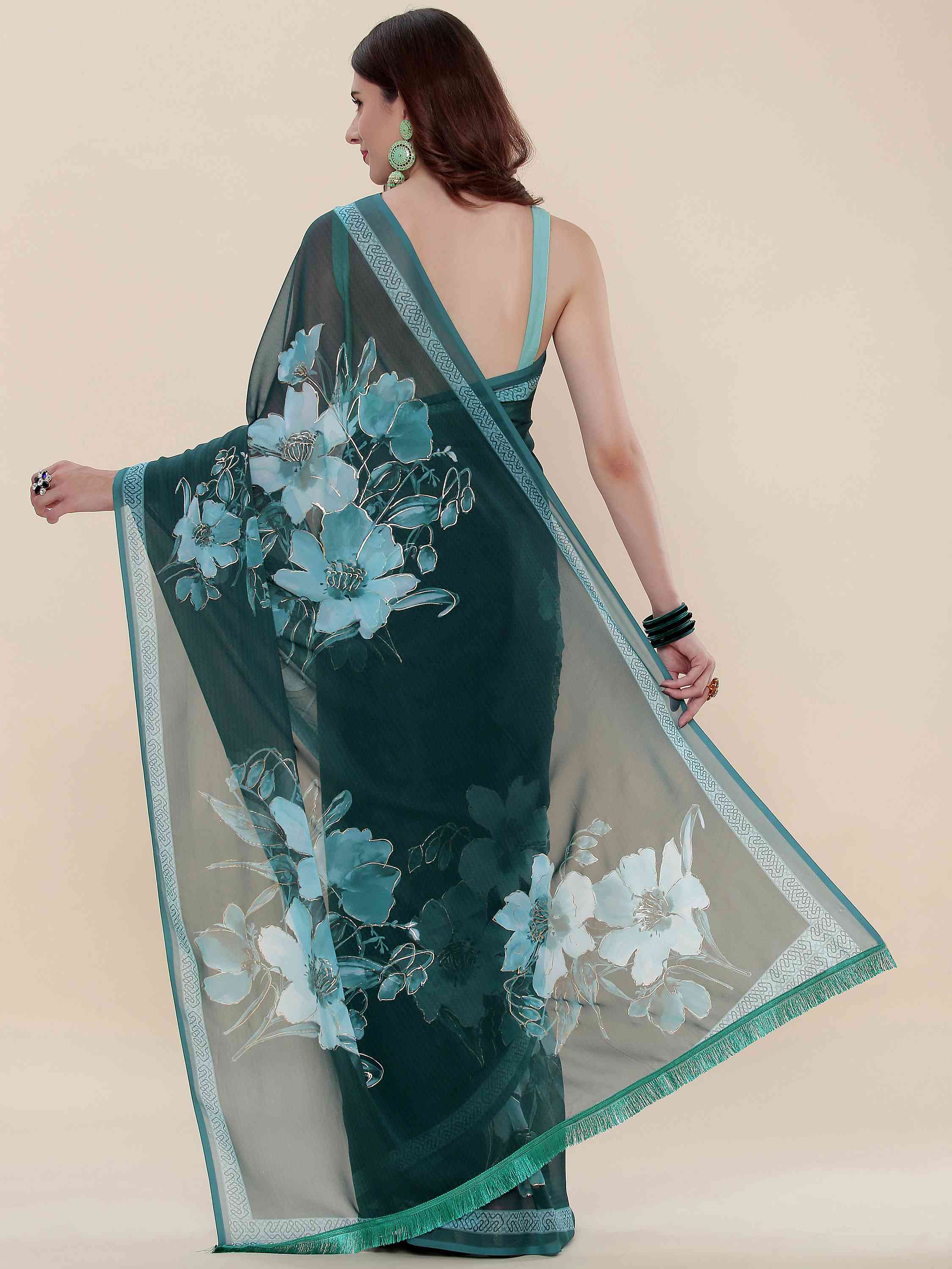 TURQUOISE FAUX GEORGETTE PRINTED SAREE