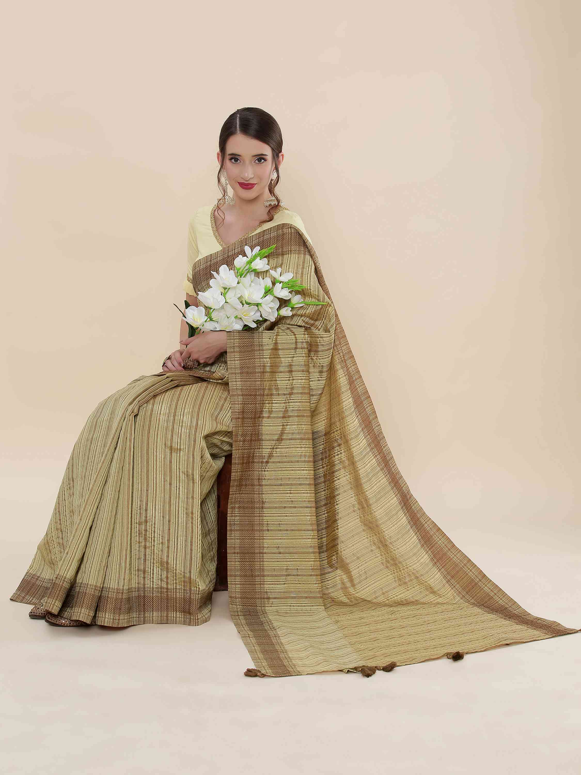 OLIVE GREEN BEETLE SILK SAREE WITH BLOUSE