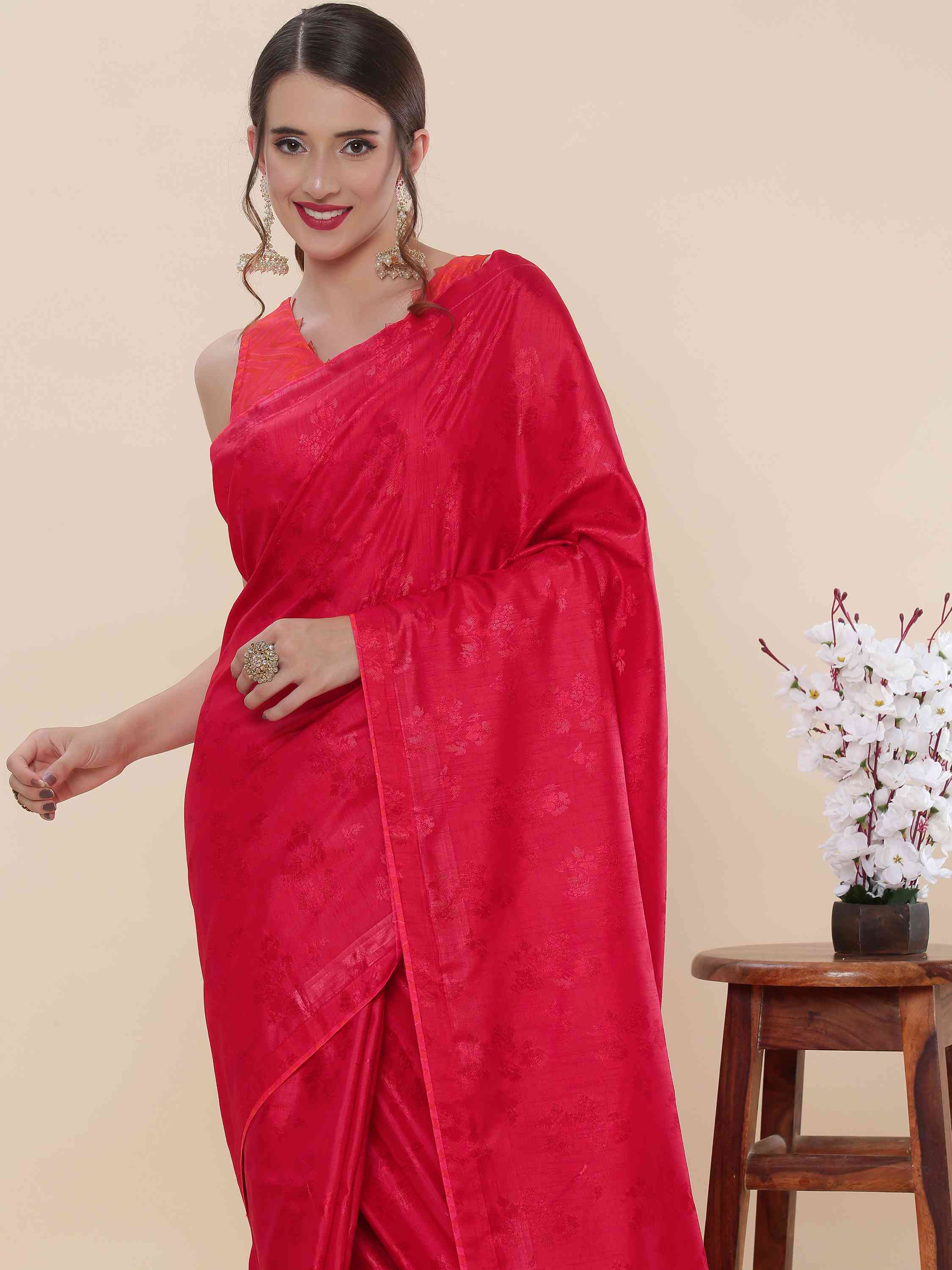 RED BLENDED SILK IRISH JACQUARD SAREE