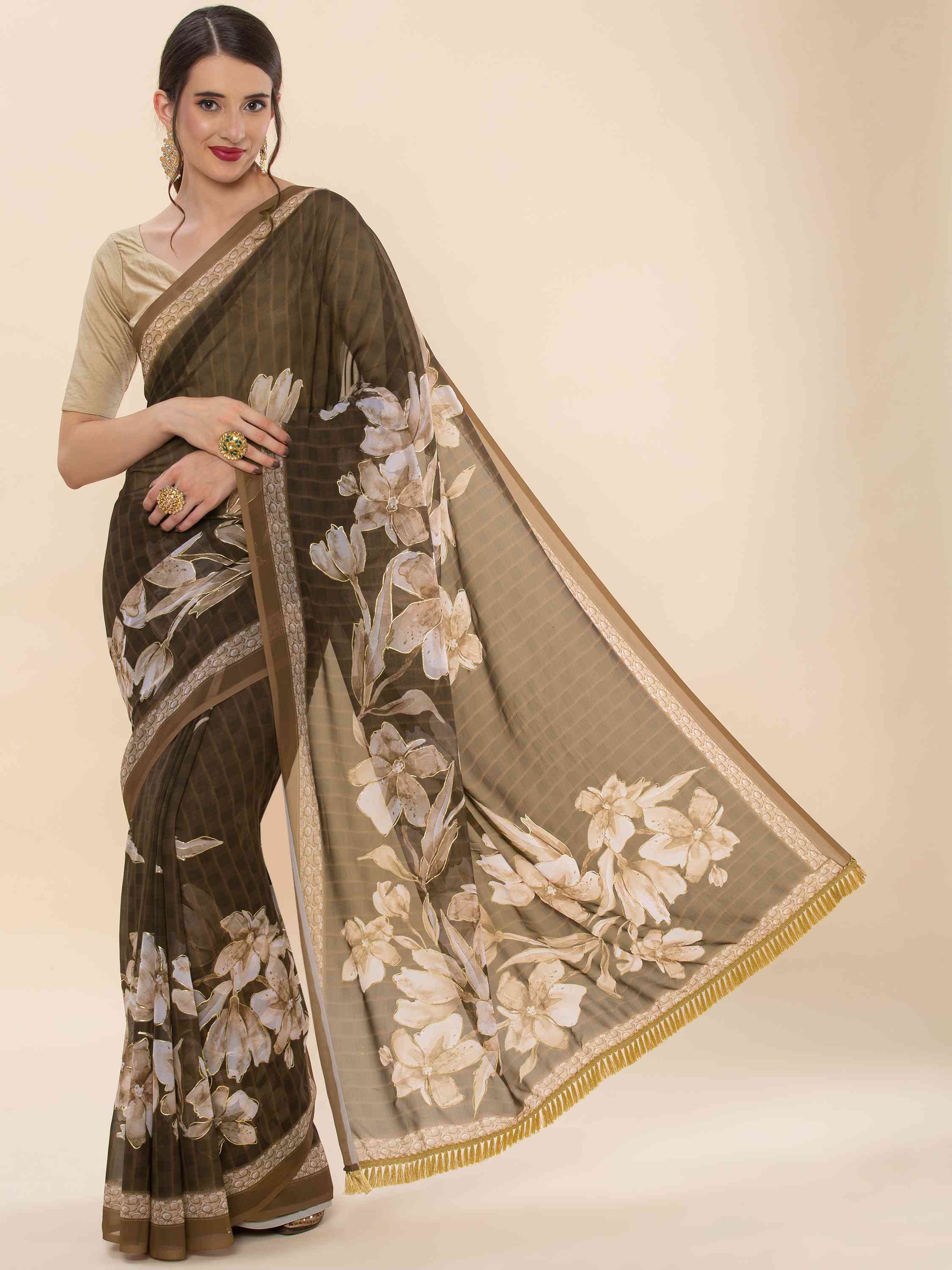 COFFEE FAUX GEORGETTE PRINTED SAREE