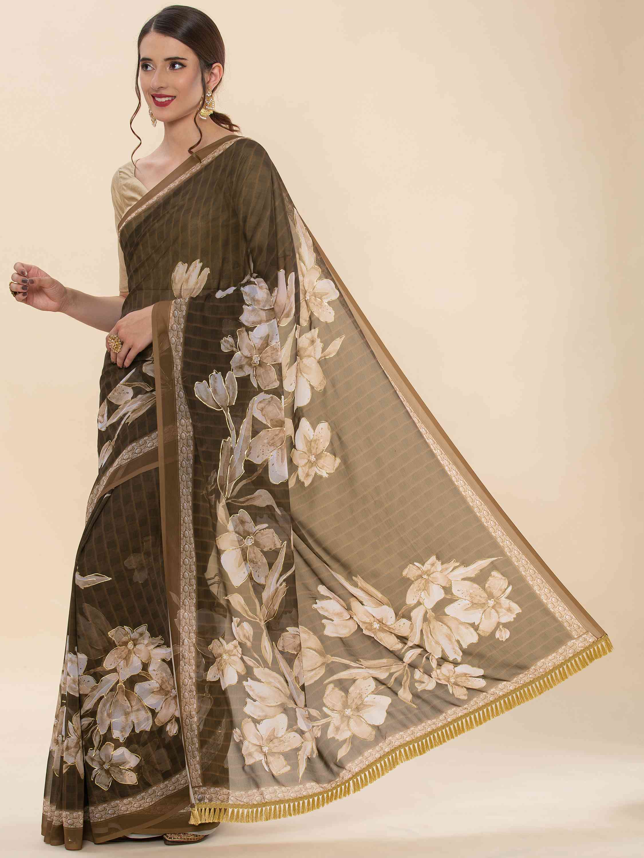 COFFEE FAUX GEORGETTE PRINTED SAREE