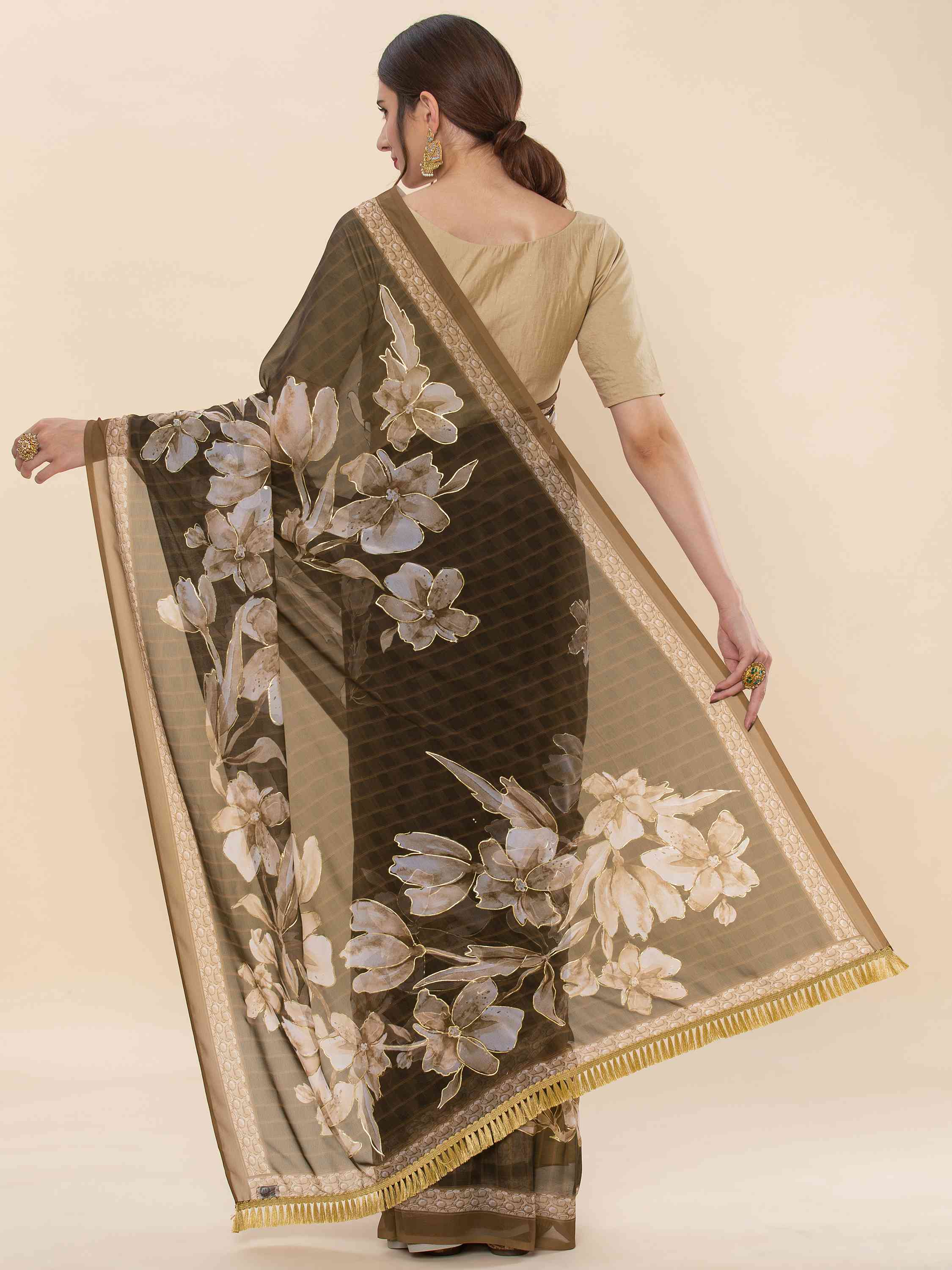 COFFEE FAUX GEORGETTE PRINTED SAREE