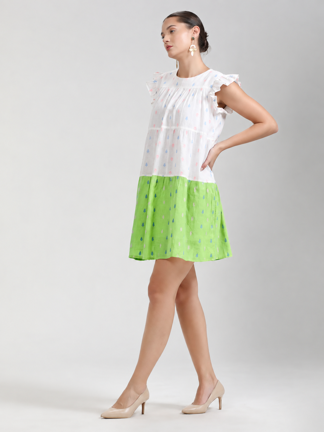GREEN WHITE COTTON CANDY LEAF ONE PCS DRESS