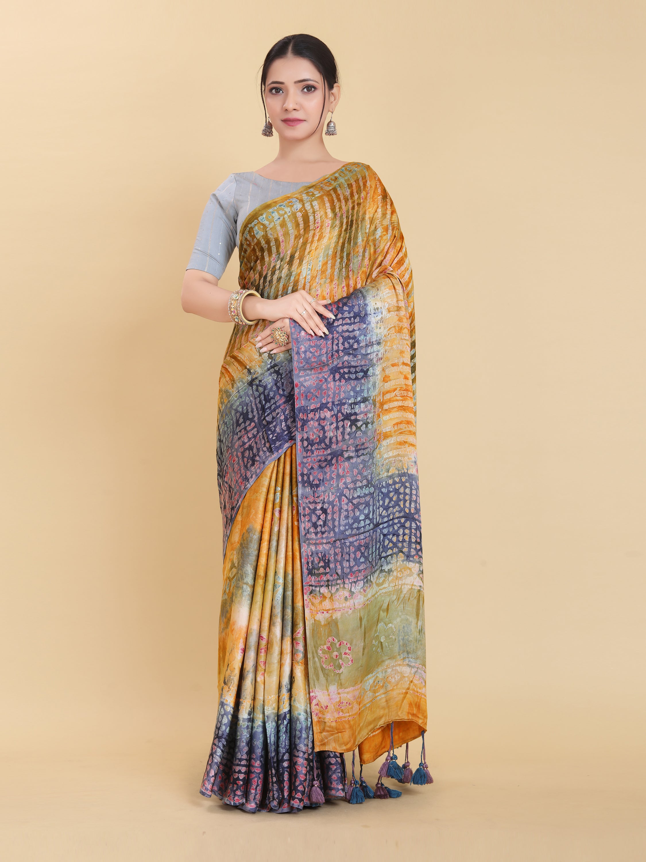 YELLOW BEMBERG SATIN BATIK PRINTED SAREE WITH BLOUSE