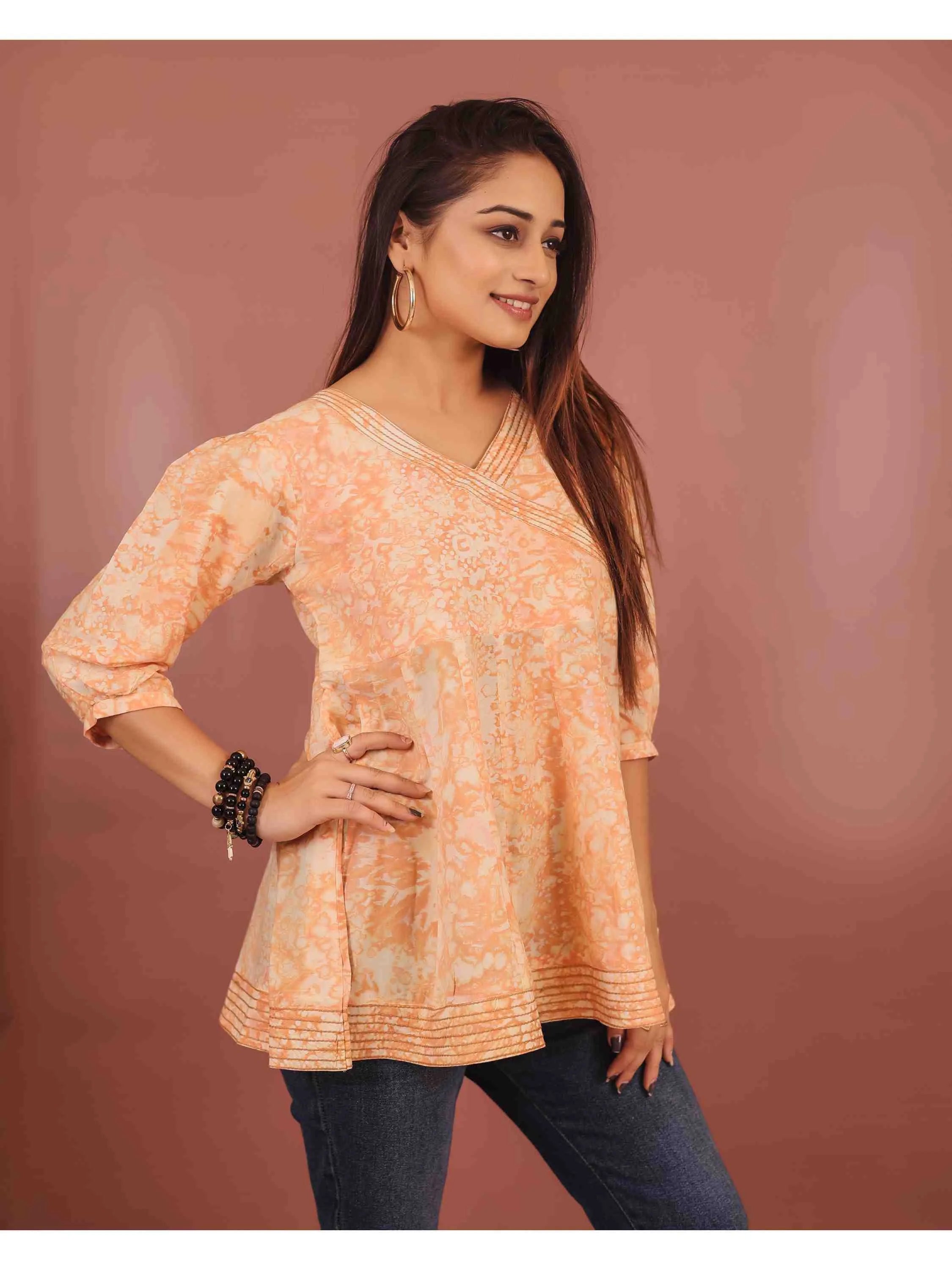 PEACH VISCOSE HAND BATIK PRINTED TOP