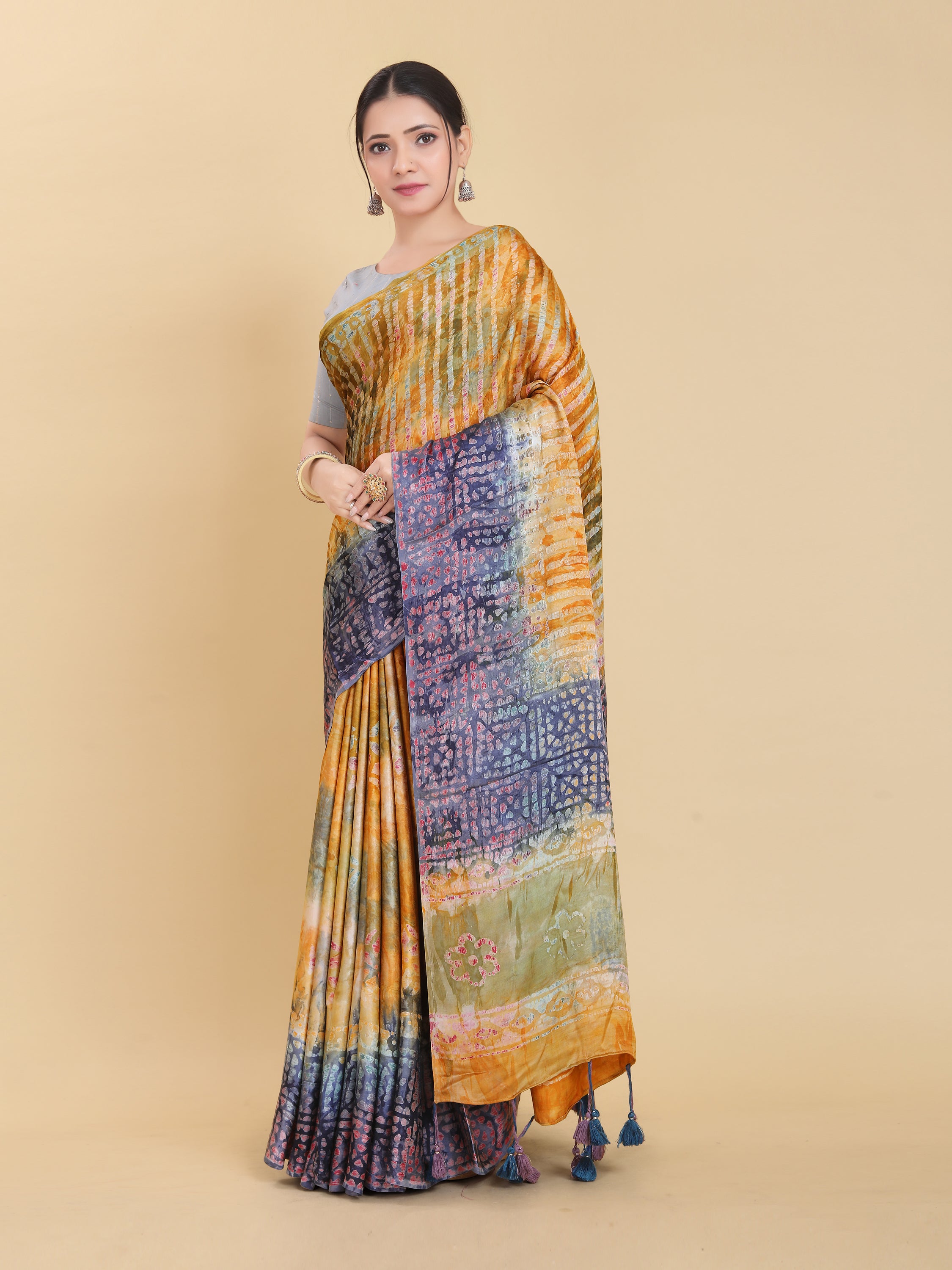 YELLOW BEMBERG SATIN BATIK PRINTED SAREE WITH BLOUSE