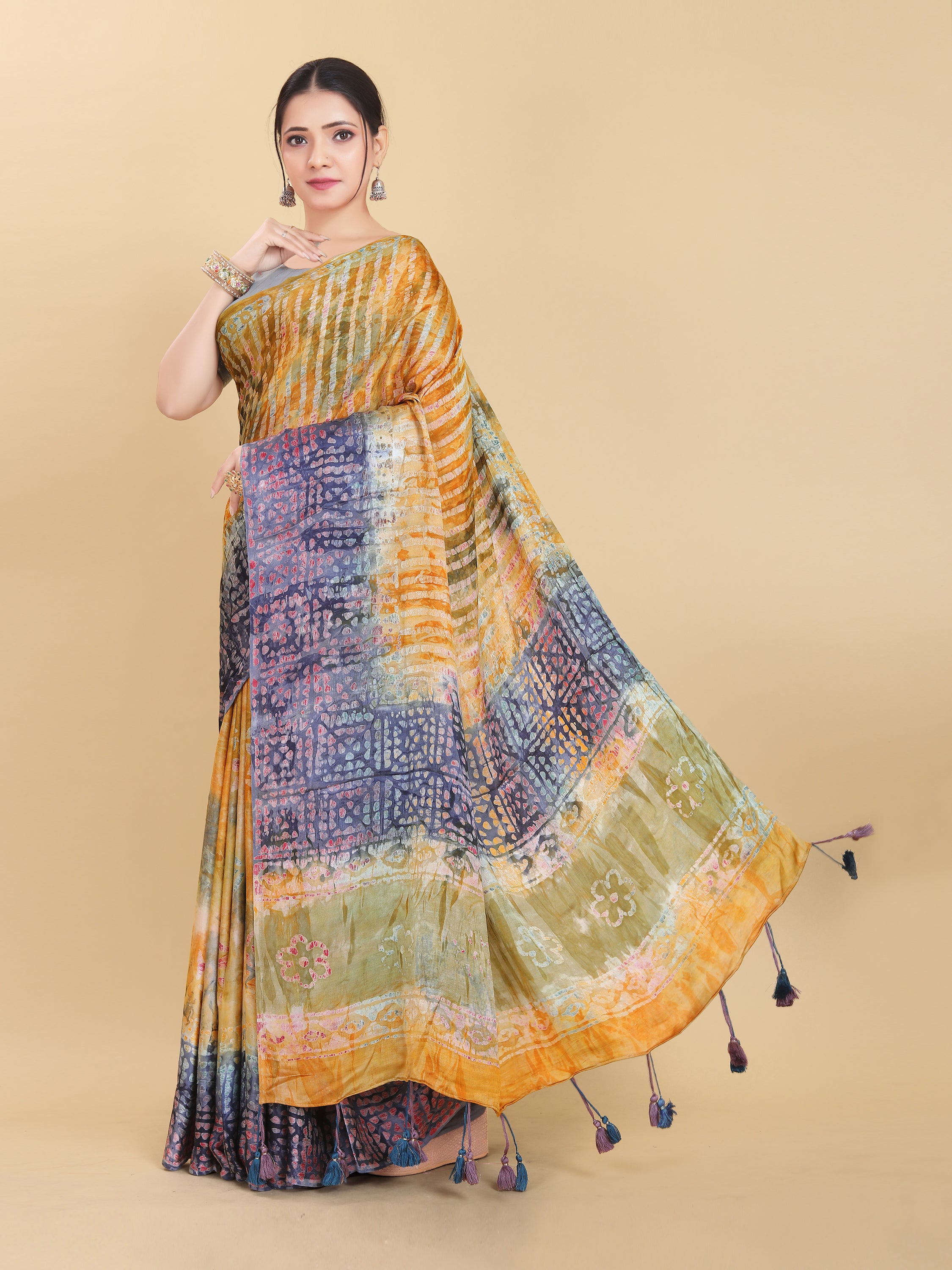 YELLOW BEMBERG SATIN BATIK PRINTED SAREE WITH BLOUSE