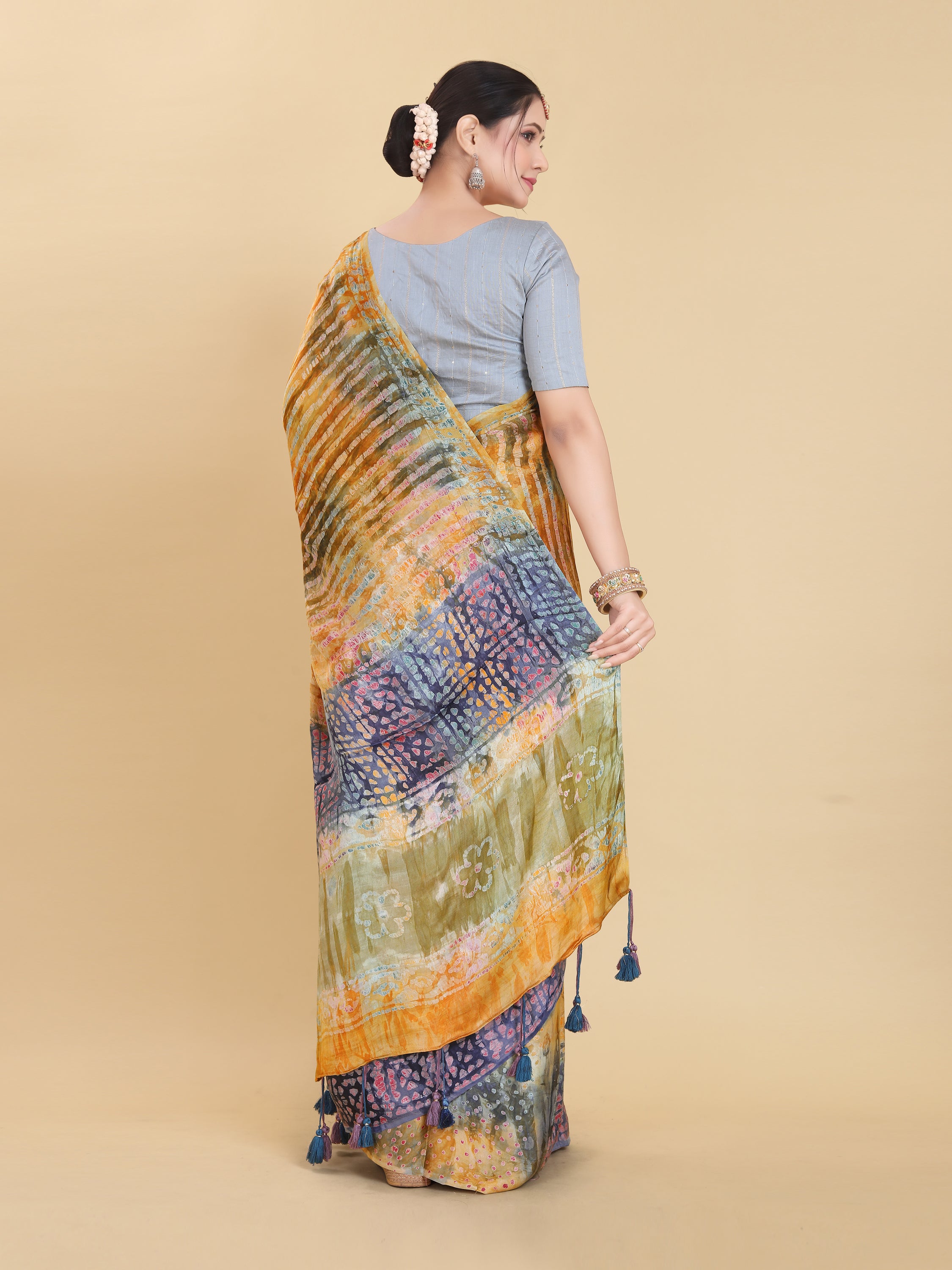 YELLOW BEMBERG SATIN BATIK PRINTED SAREE WITH BLOUSE