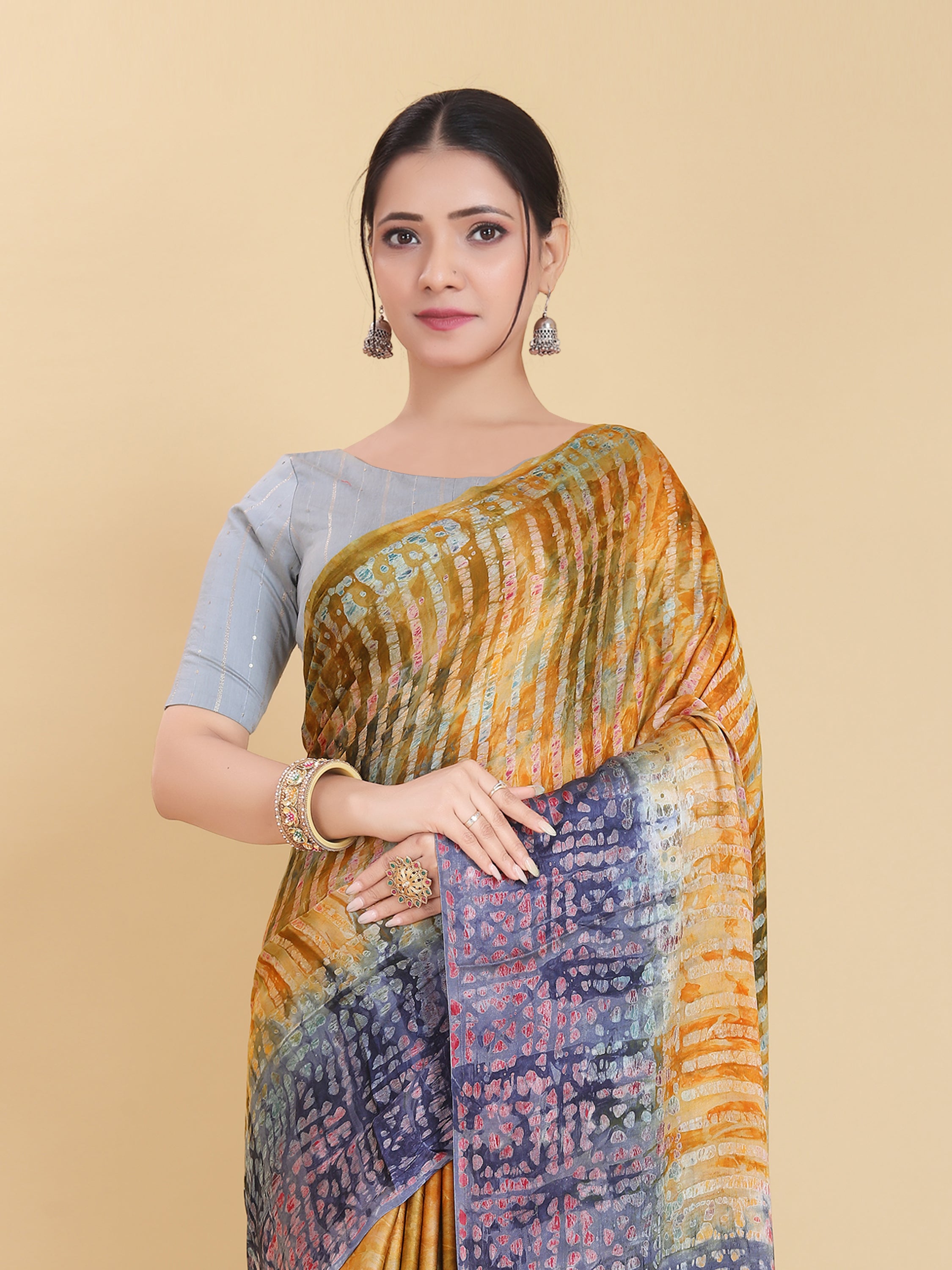 YELLOW BEMBERG SATIN BATIK PRINTED SAREE WITH BLOUSE