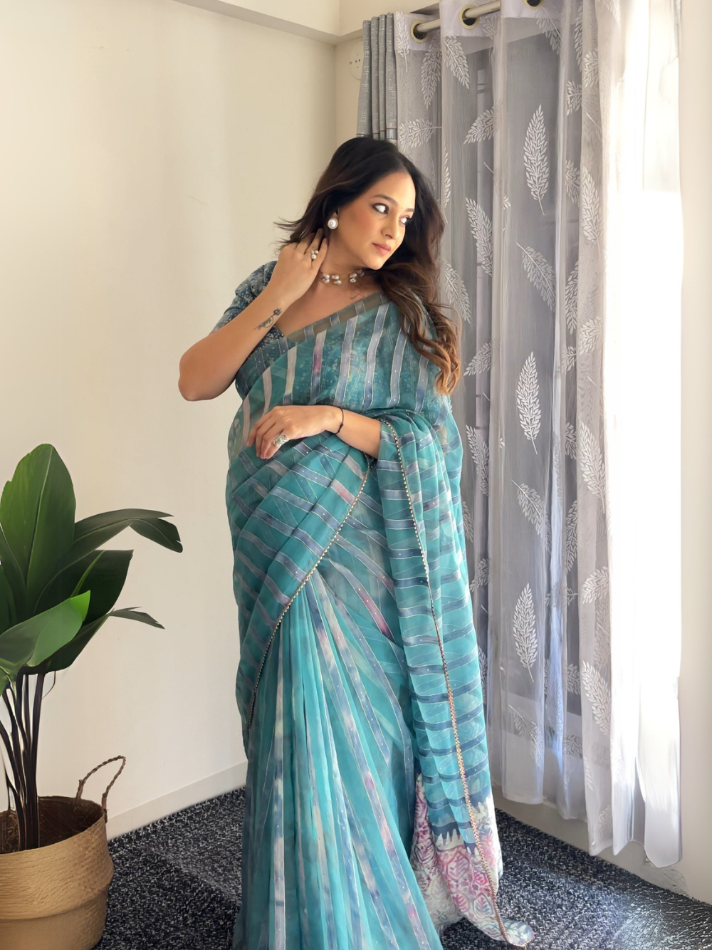 HAND DYED BATIK PRINTED SAREE ADORNED WITH GOTA LACE