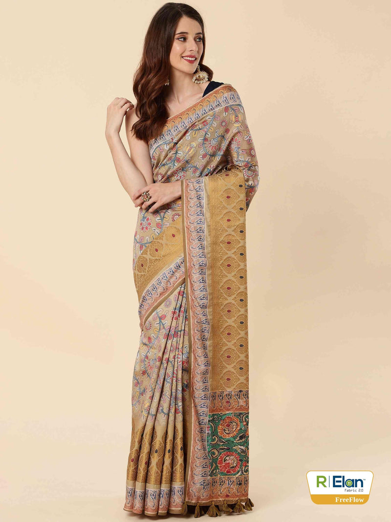 MUSTARD EVA SILK FUSION KALAMKARI SAREE