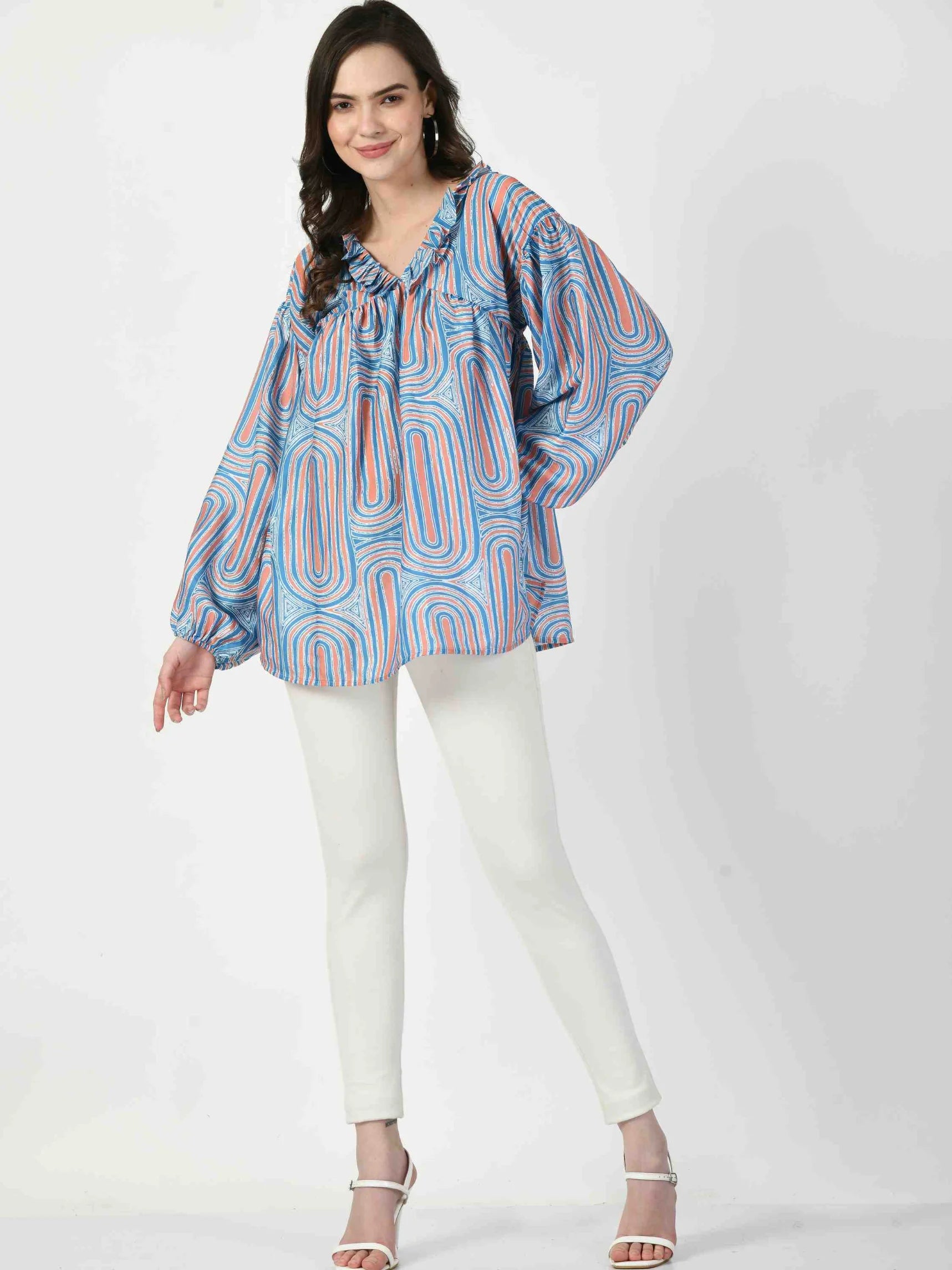 BLUE POLYESTER RUFFLE FLARED TOP