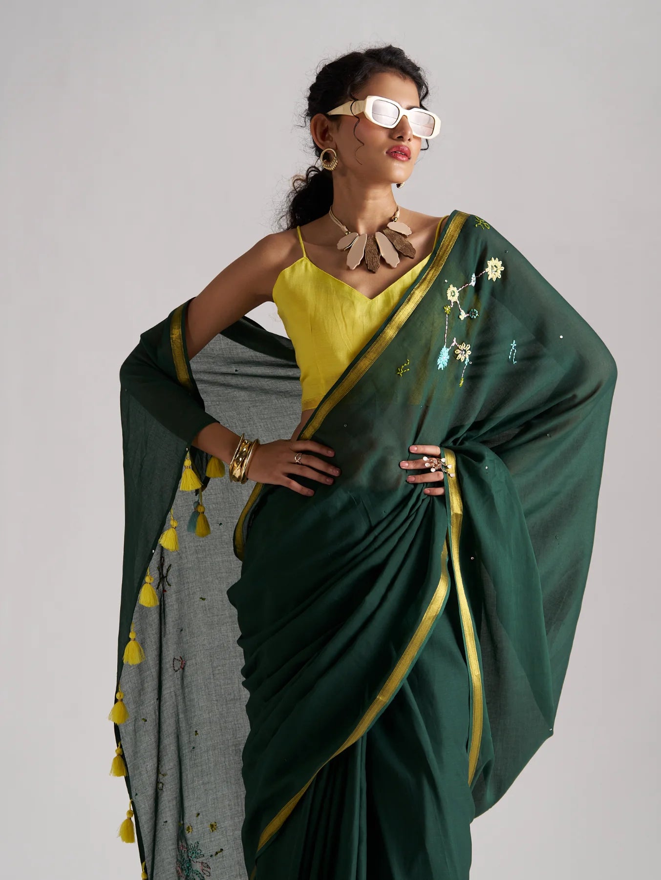 VISCOSE MUL AQUARIUS CELESTIAL HAND EMBROIDERED SAREE
