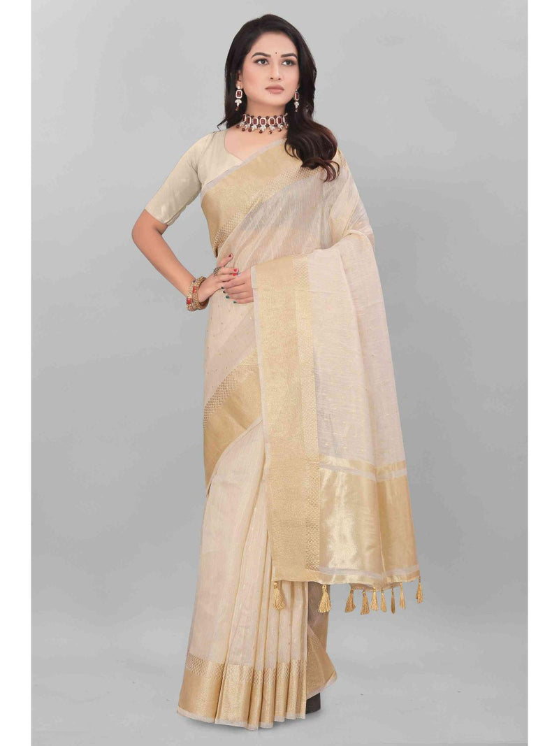 BEIGE TISSUE BUTTI CHITT PALLU SAREE WITH BLOUSE