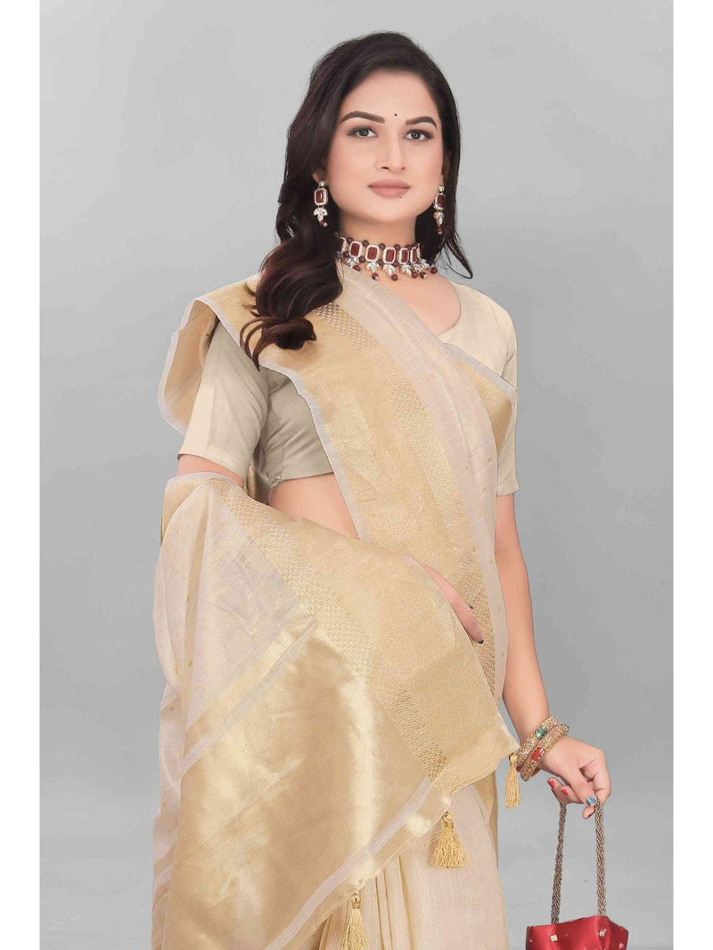 BEIGE TISSUE BUTTI CHITT PALLU SAREE WITH BLOUSE