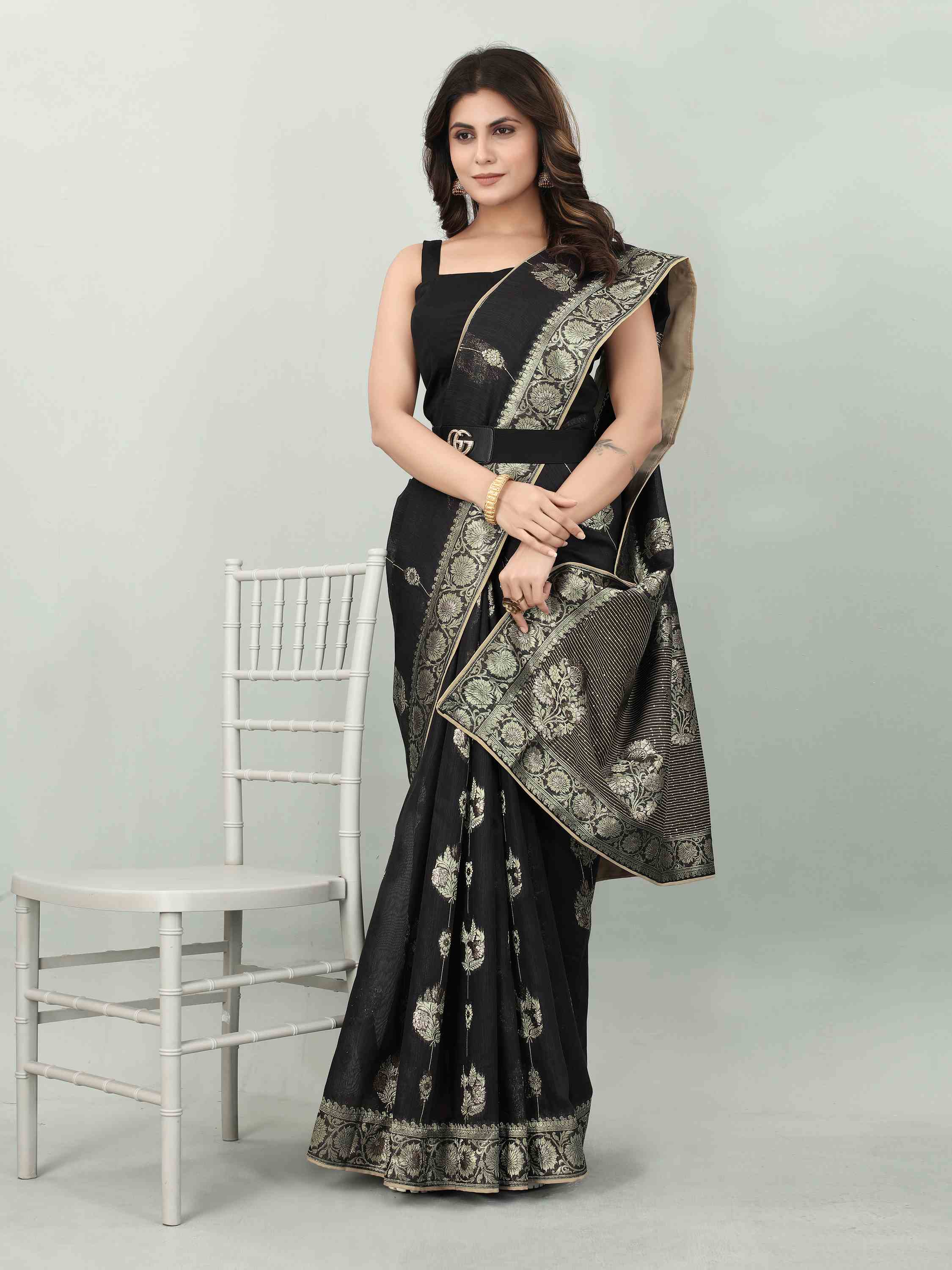 FEEZY LINEN BLACK BLACKBERRY SAREE WITH BLOUSE