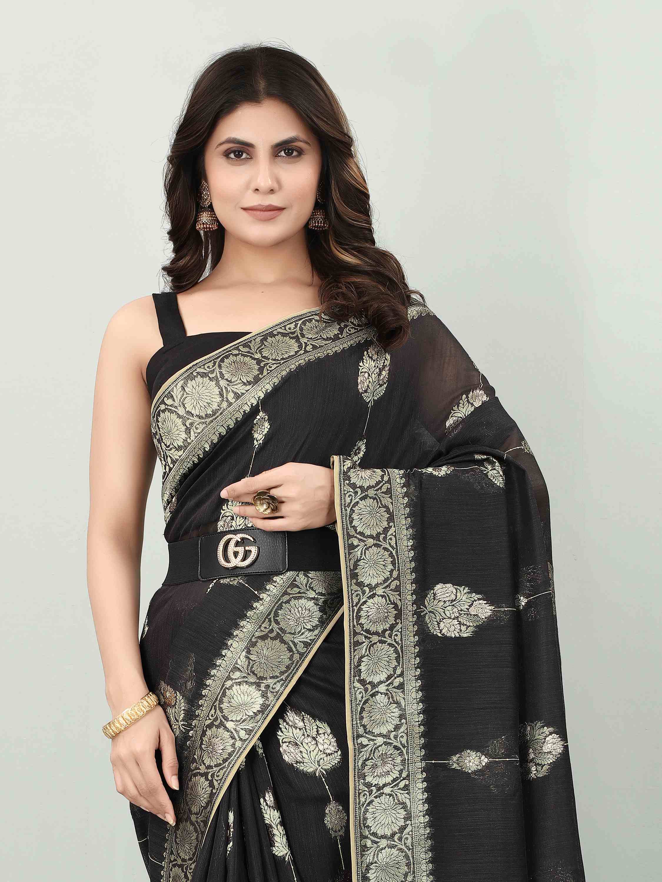 FEEZY LINEN BLACK BLACKBERRY SAREE WITH BLOUSE