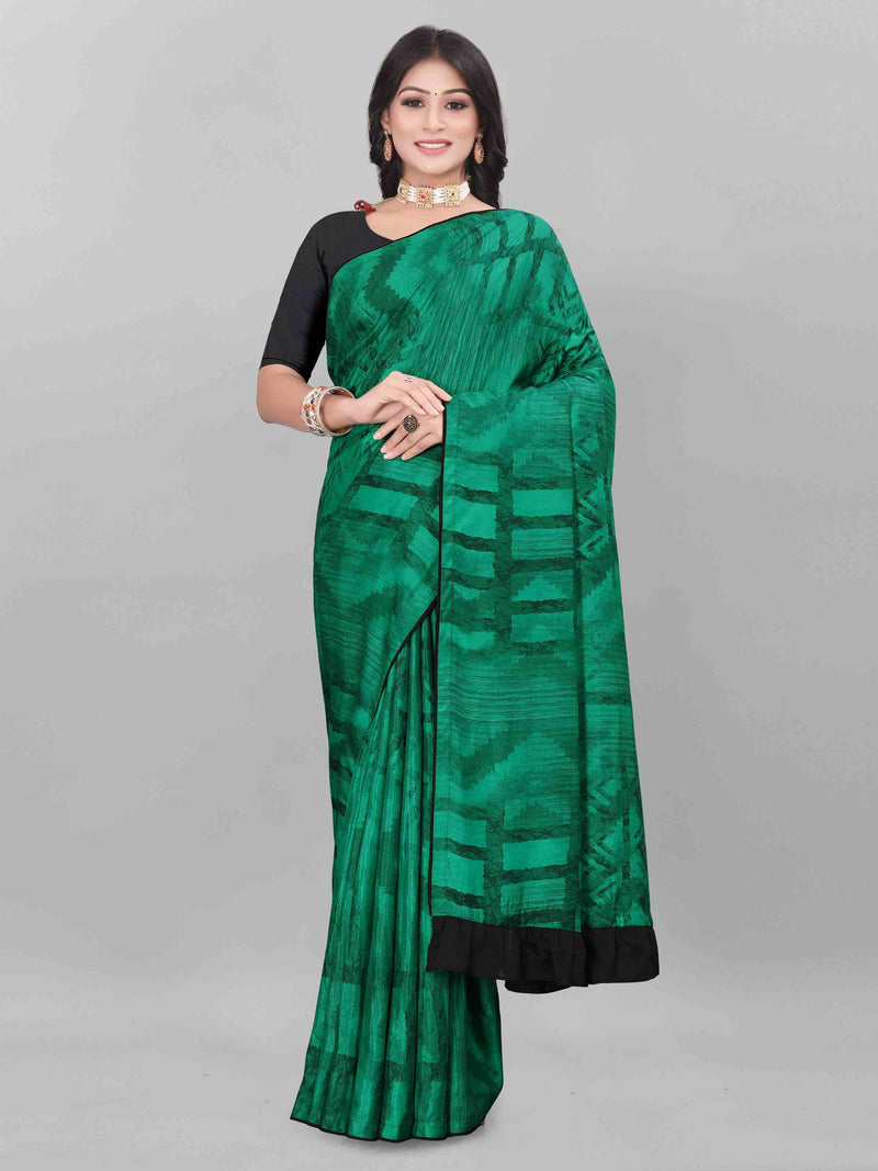 GREEN ABSTRACT PRINTED ART SILK SAREE WITH RUFFLE