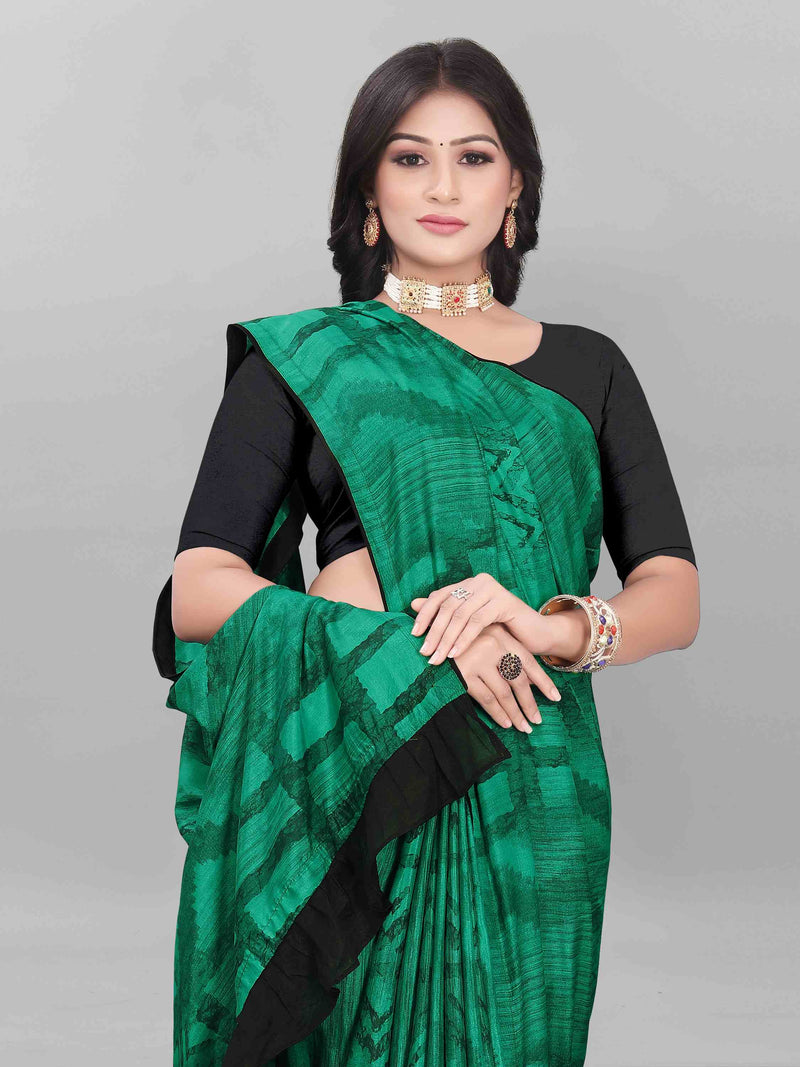 GREEN ABSTRACT PRINTED ART SILK SAREE WITH RUFFLE