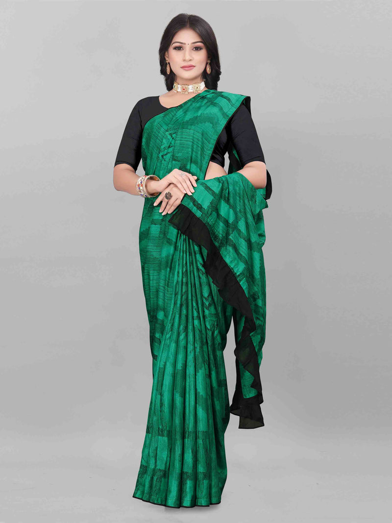 GREEN ABSTRACT PRINTED ART SILK SAREE WITH RUFFLE