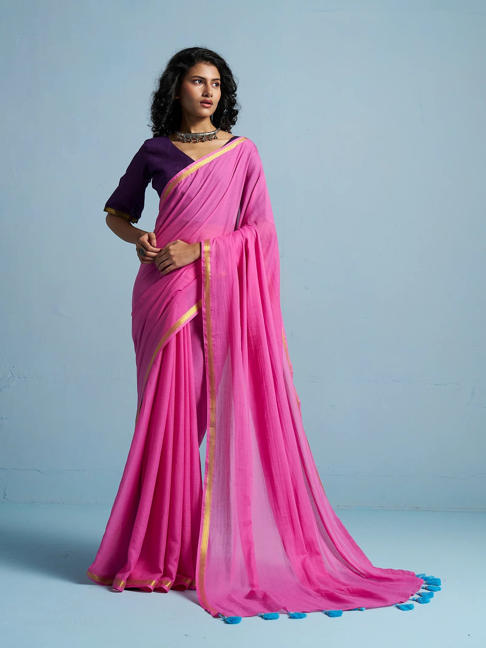 VISCOSE MUL LIVA SOLID SAREE WITH BLOUSE