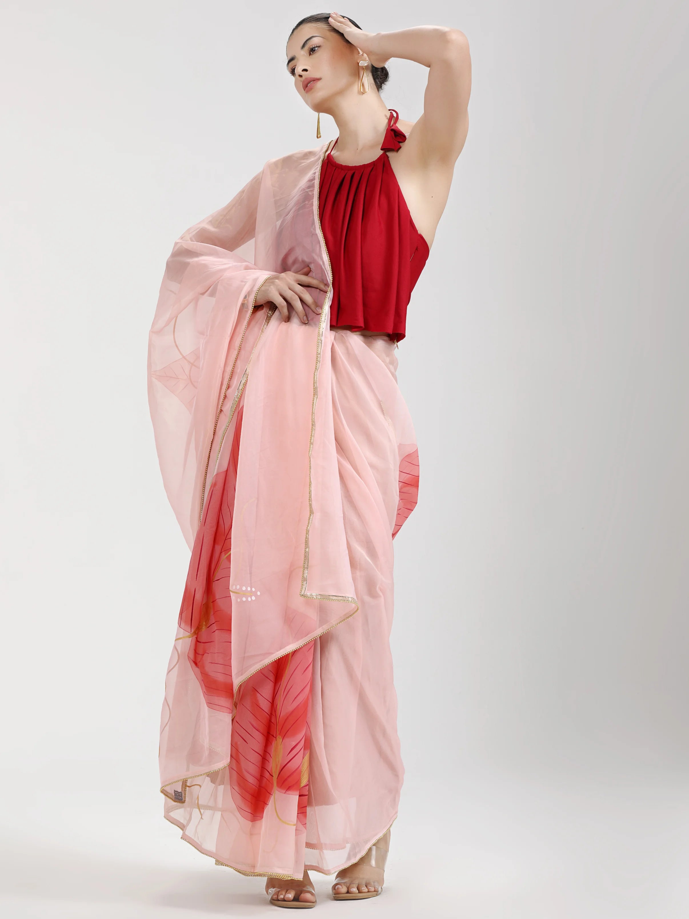 PEACH FLORAL HAND PAINTED ORGANZA SILK SAREE