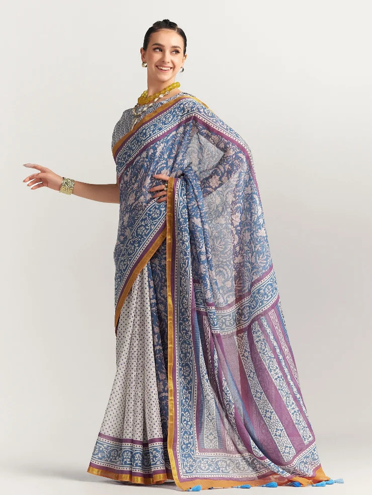 VISCOSE MUL HAND BLOCK PRINTED LIVA SAREE WITH BLOUSE