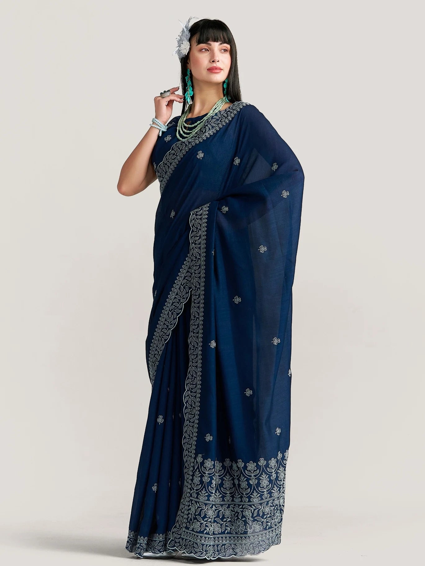 TITANIUM FLOWER EMBROIDERY SAREE WITH BLOUSE