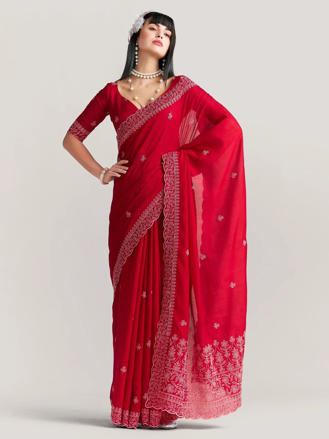 TITANIUM FLOWER EMBROIDERY SAREE WITH BLOUSE