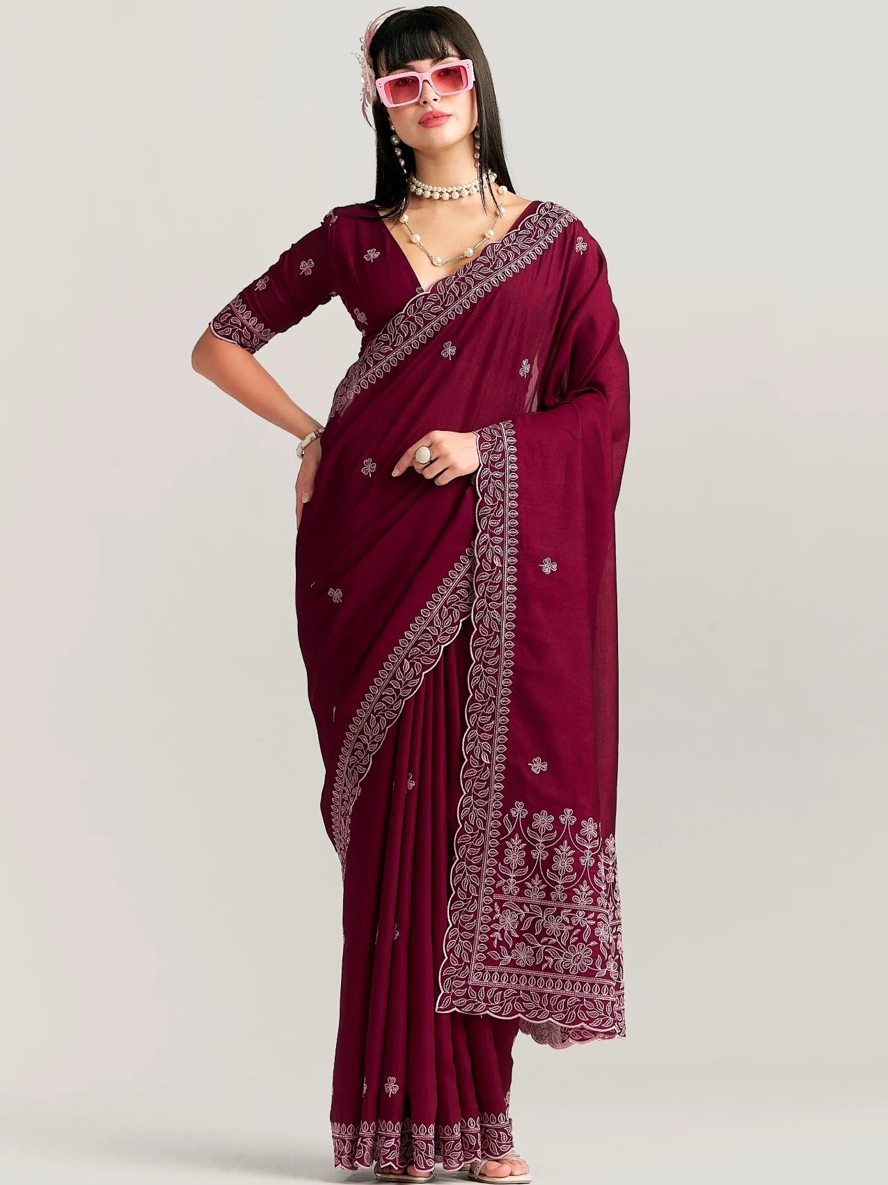 TITANIUM FLOWER EMBROIDERY SAREE WITH BLOUSE