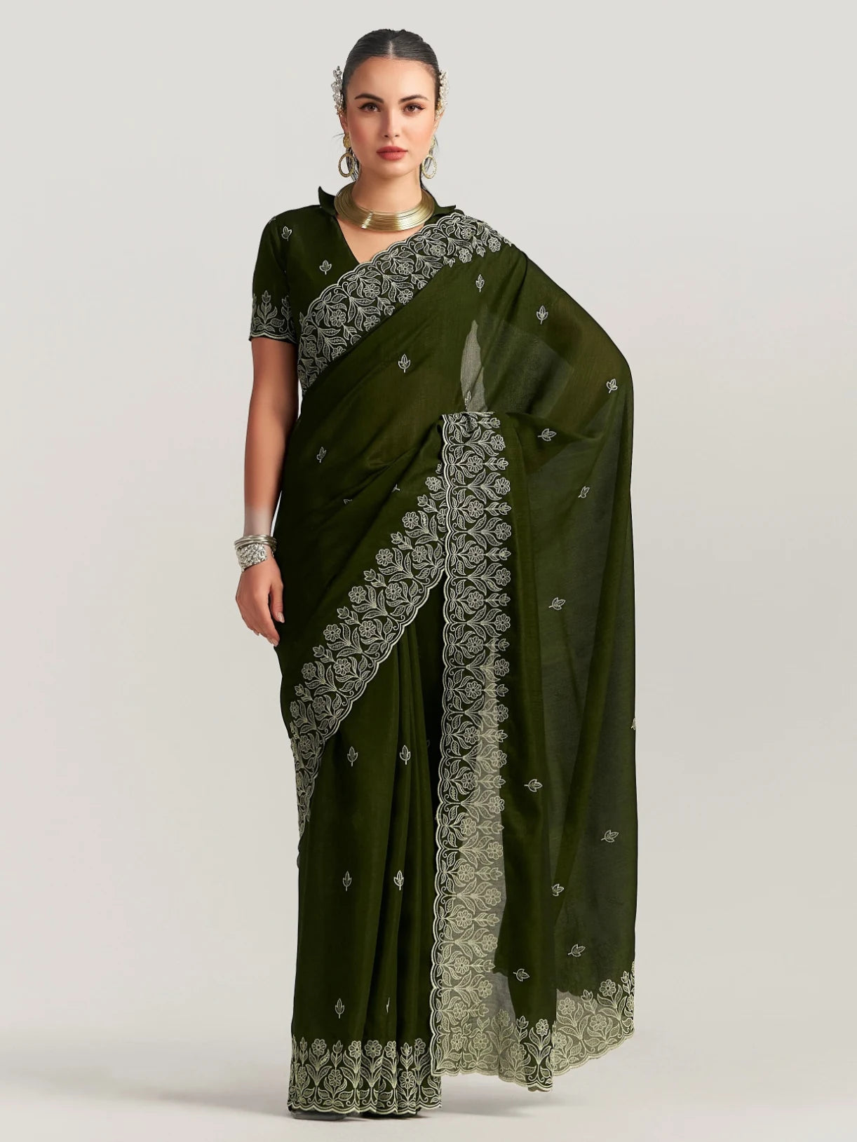 TITANIUM FLORAL EMBROIDERY SAREE WITH BLOUSE