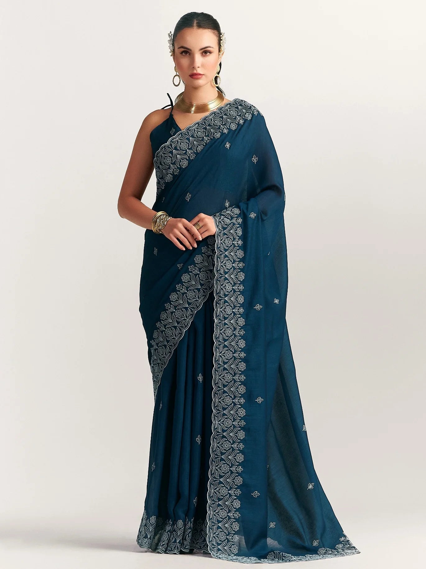 TITANIUM FLORAL EMBROIDERY SAREE WITH BLOUSE