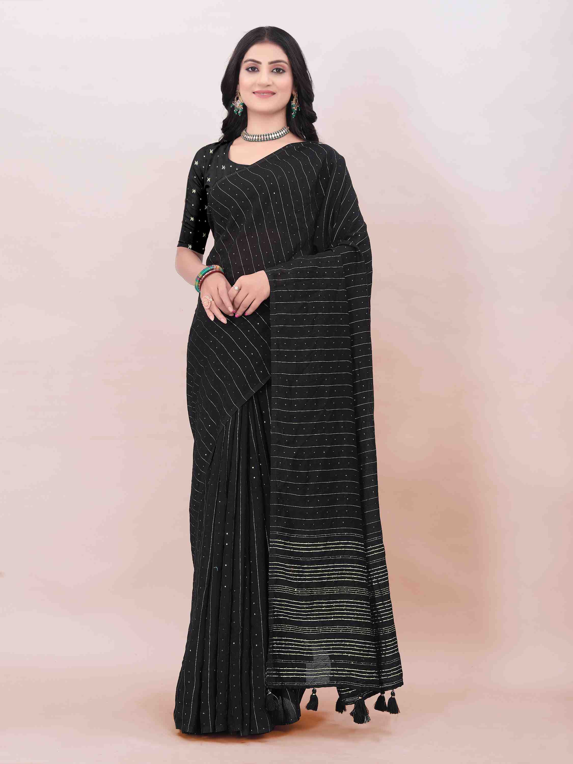 BLACK FIGARO LIVA SAREE WITH WEAVED SEQUENCE